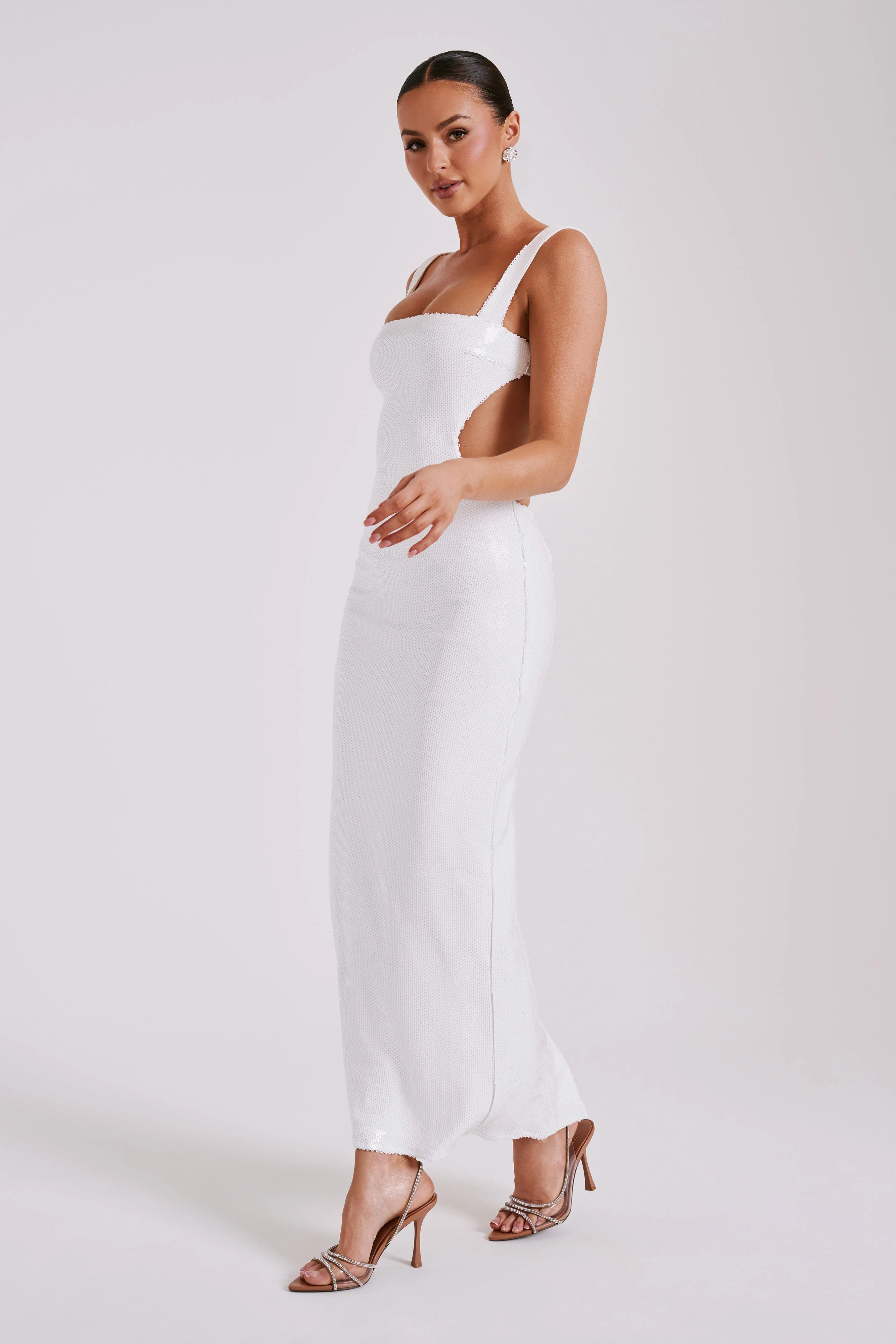 Adoria Sequin Cut Out Maxi Dress - White - Image 9