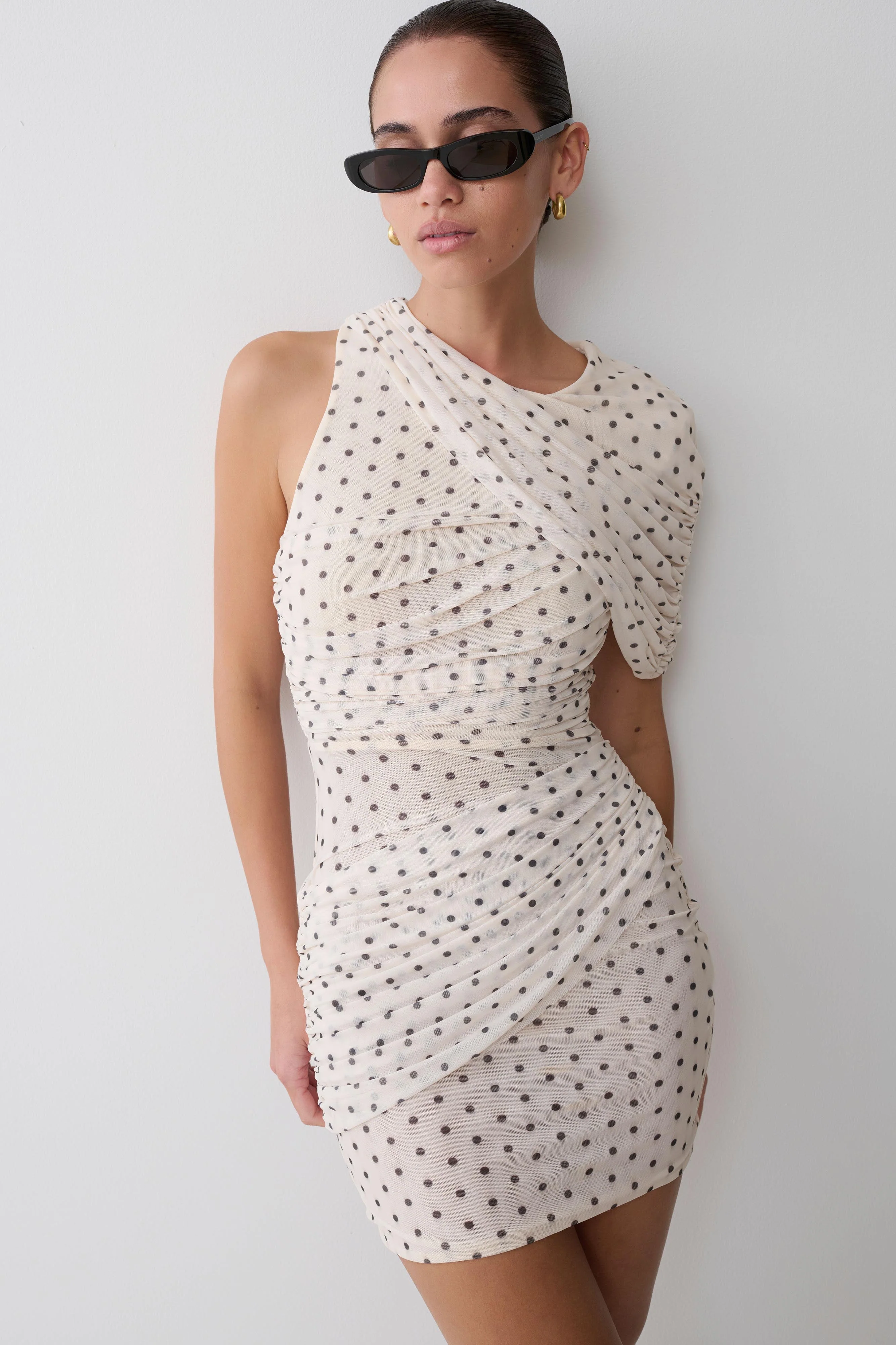 Adrienne One Shoulder Mesh Mini Dress - Polka Dot - Image 5