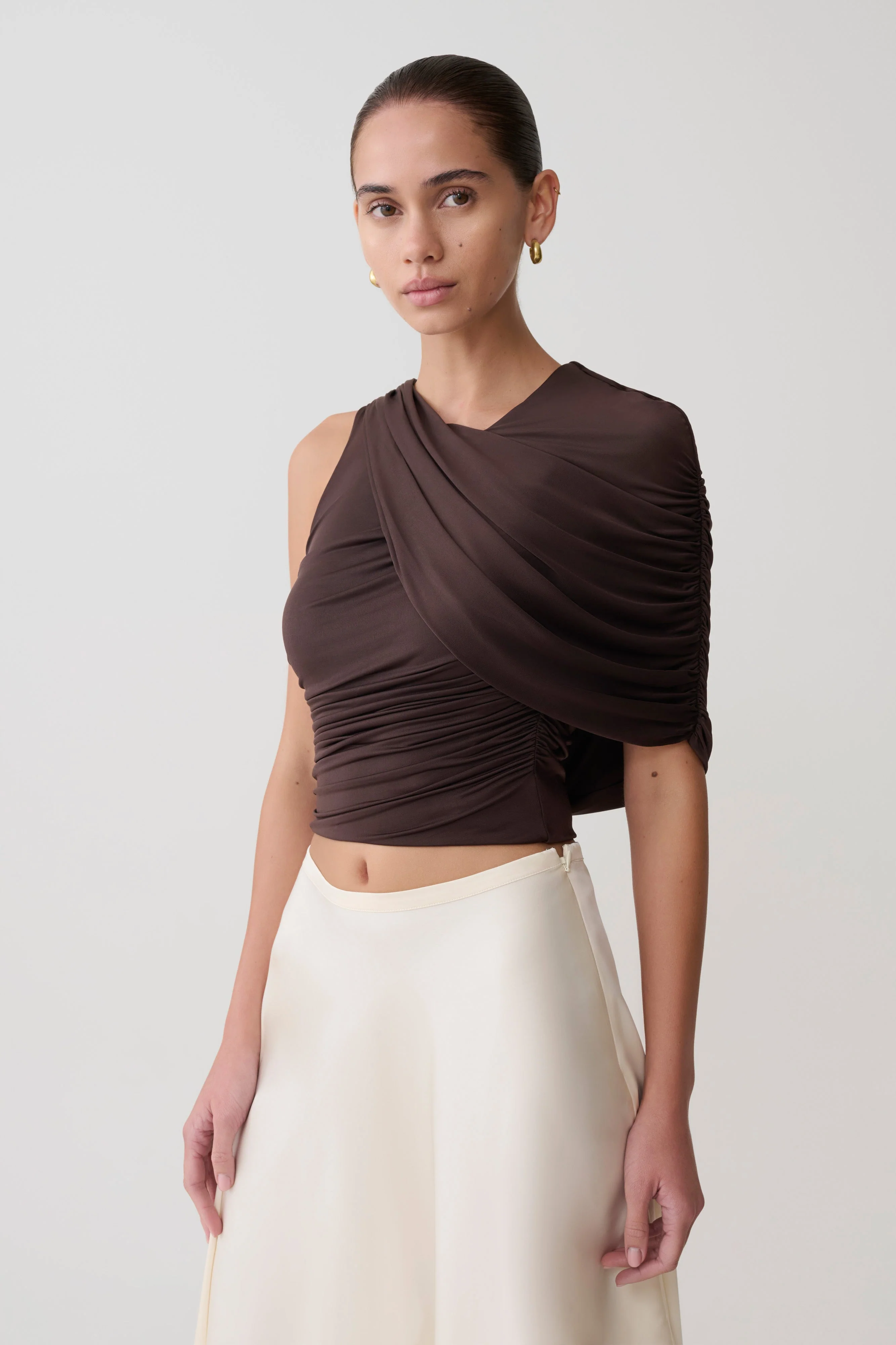Adrienne One Shoulder Slinky Top - Chocolate - Image 2