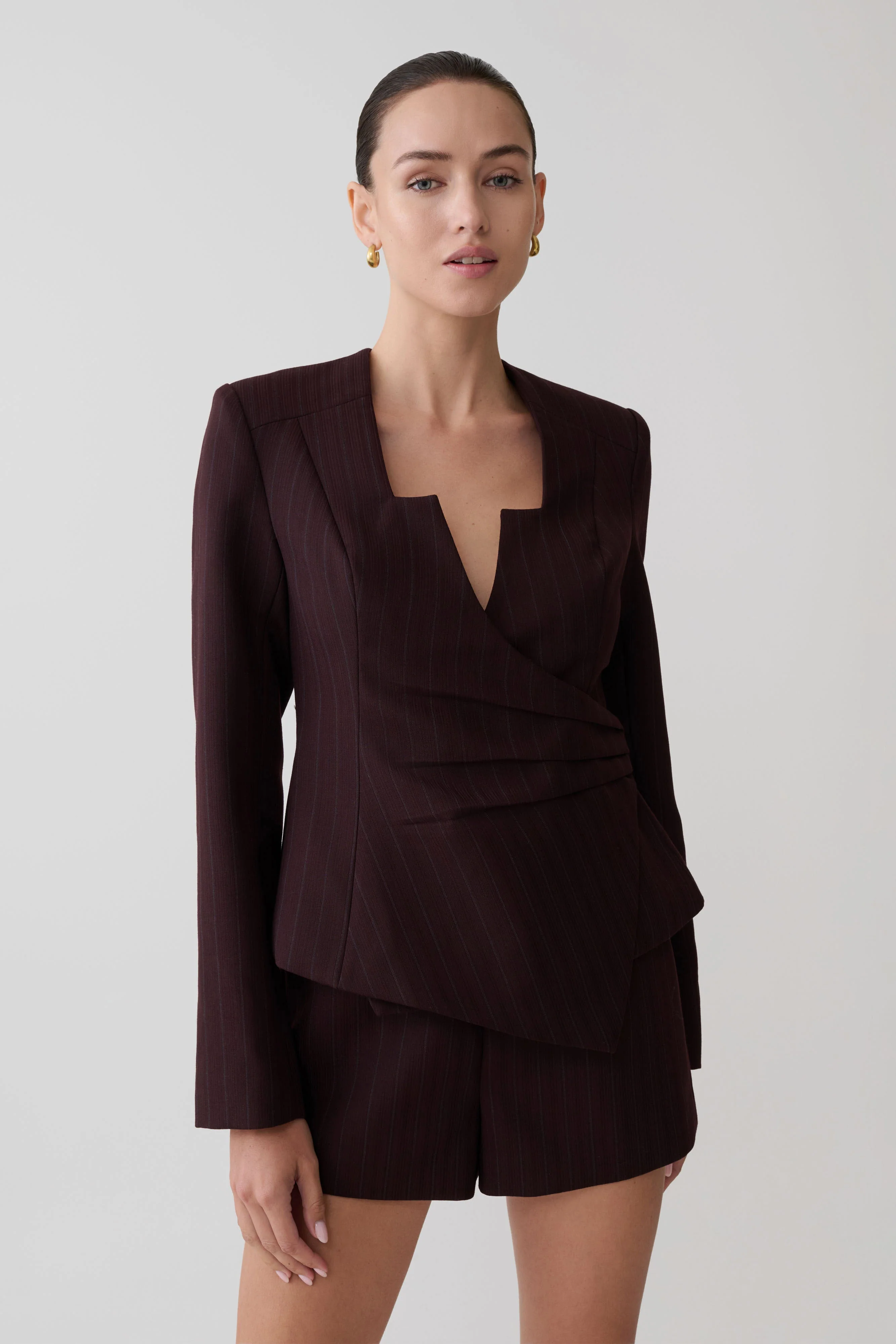 Agatha Square Neck Blazer - Plum Pinstripe - Image 2