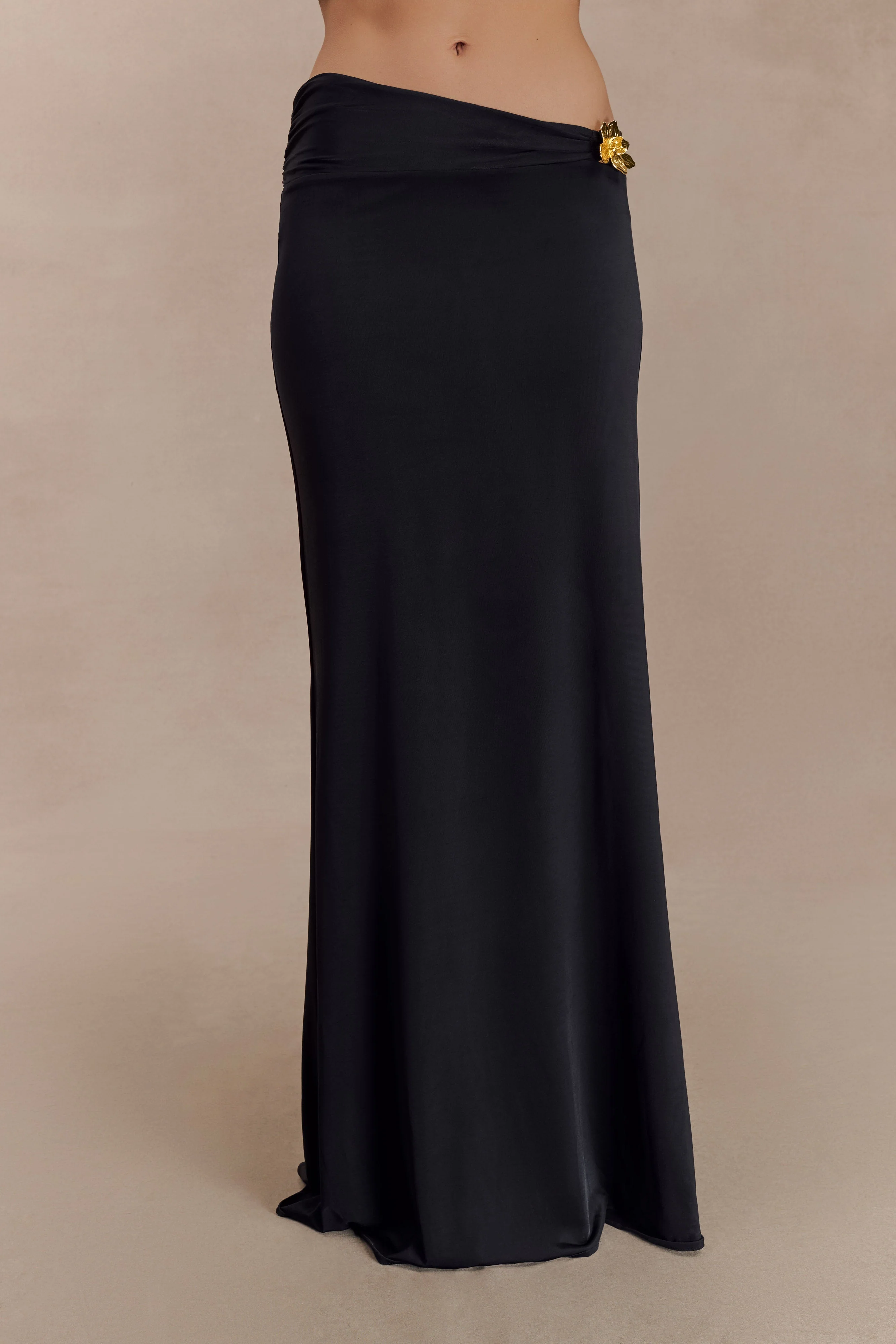 Ainsley Asymmetrical Maxi Skirt With Floral Hardware - Black - Image 3