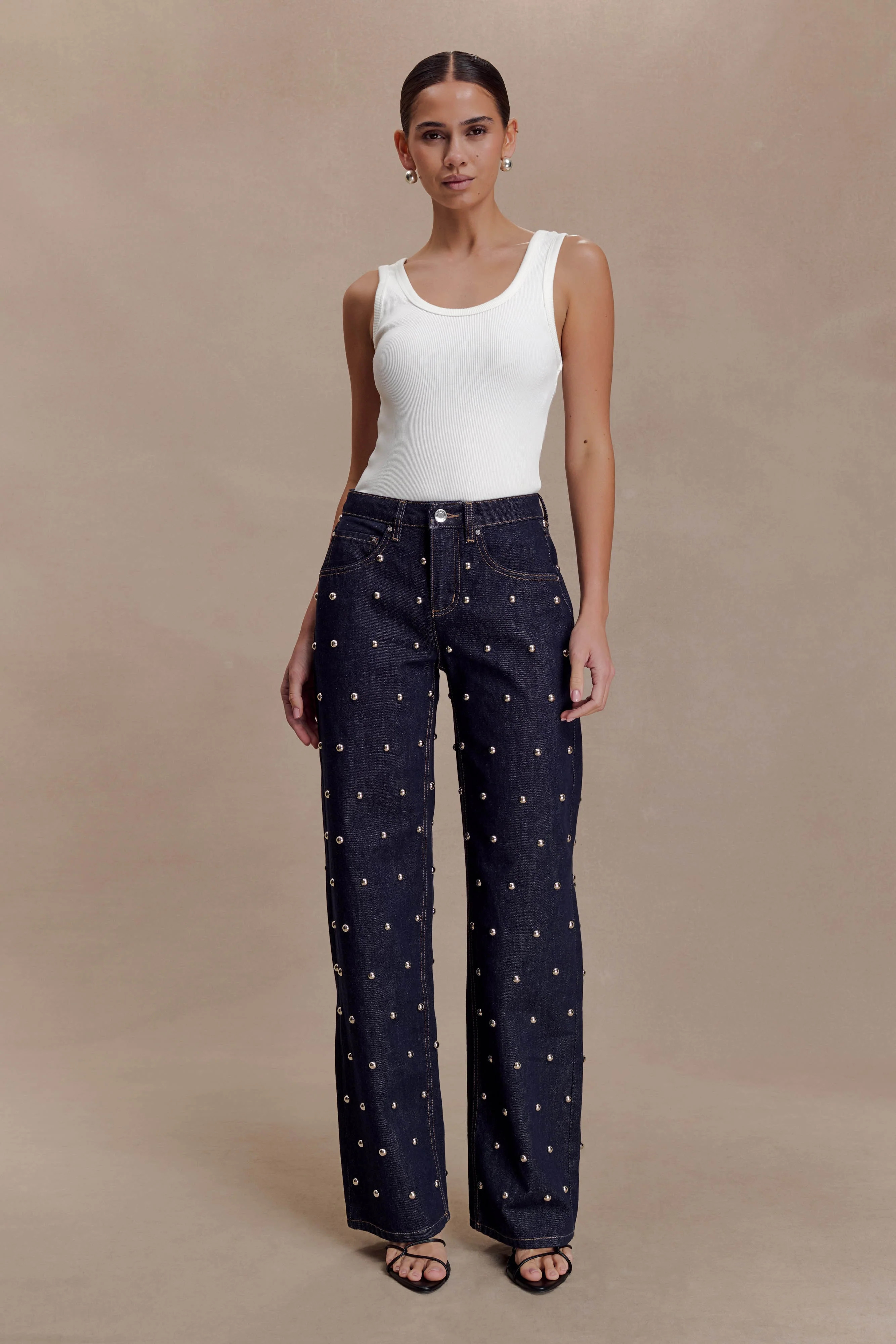 Alima Mid Rise Stud Denim Jeans - Washed Indigo Blue - Image 2