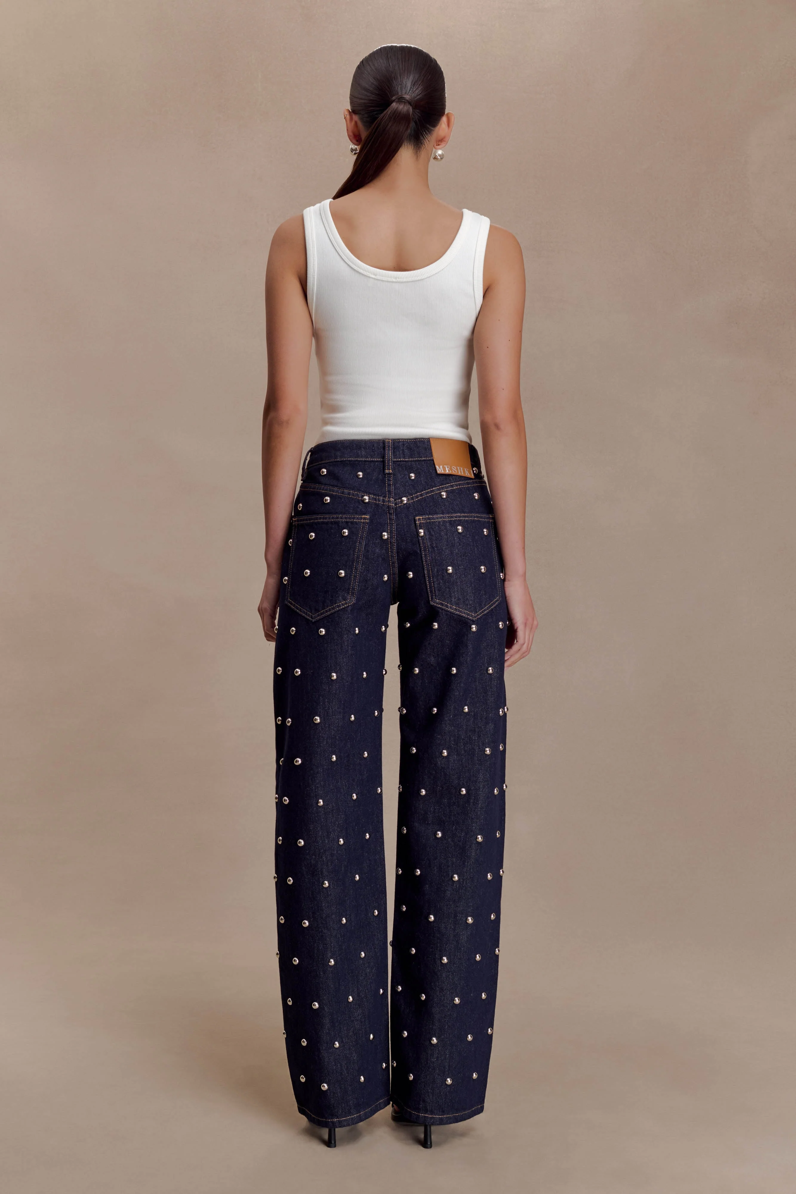 Alima Mid Rise Stud Denim Jeans - Washed Indigo Blue - Image 3