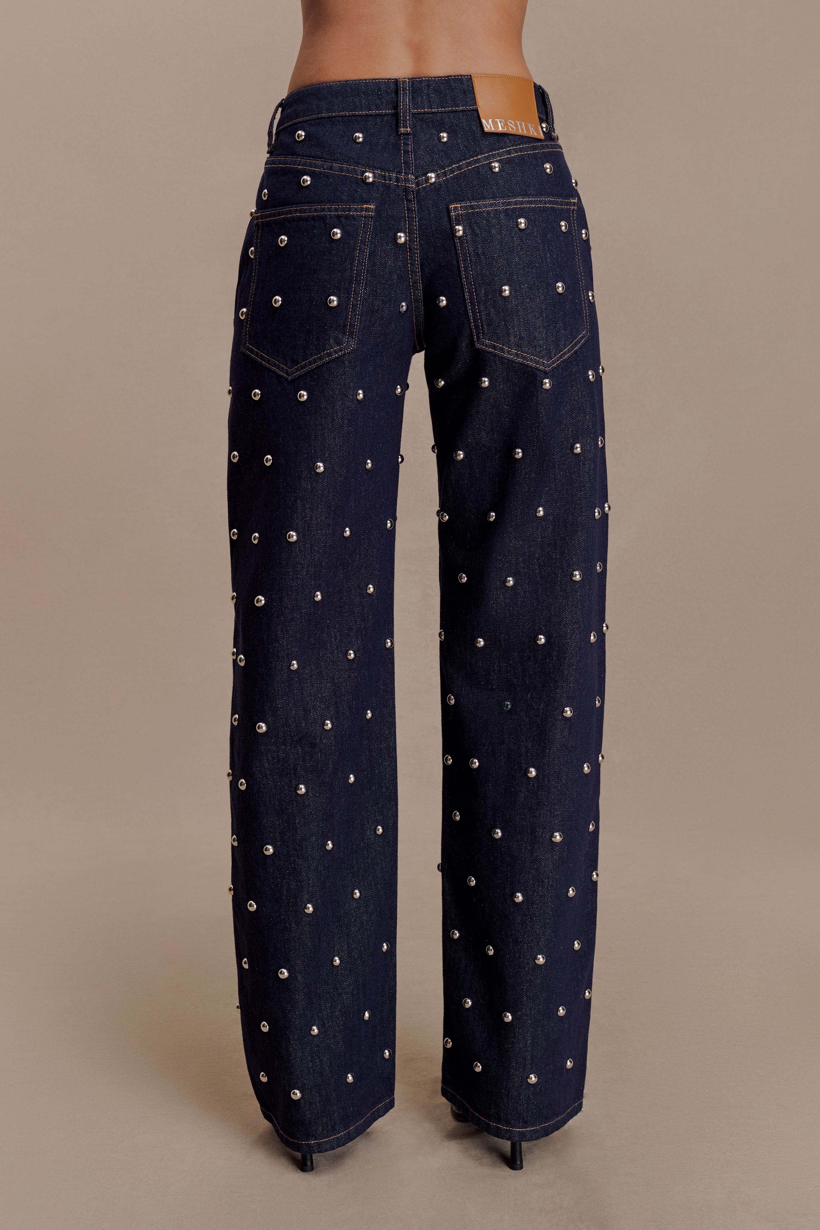 Alima Mid Rise Stud Denim Jeans - Washed Indigo Blue - Image 7