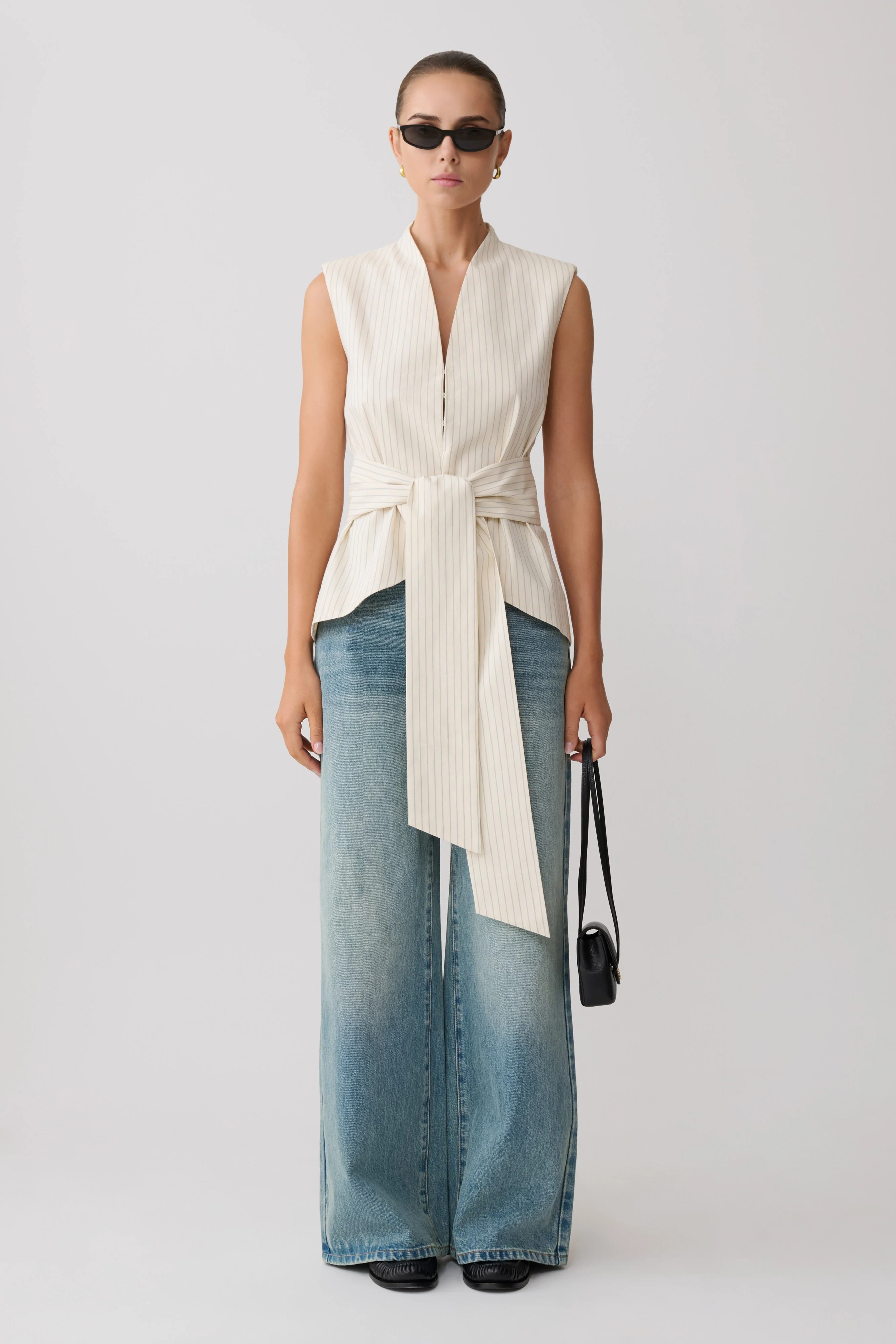 Alina Waist Tie Sleeveless Top - Stripe - Image 6