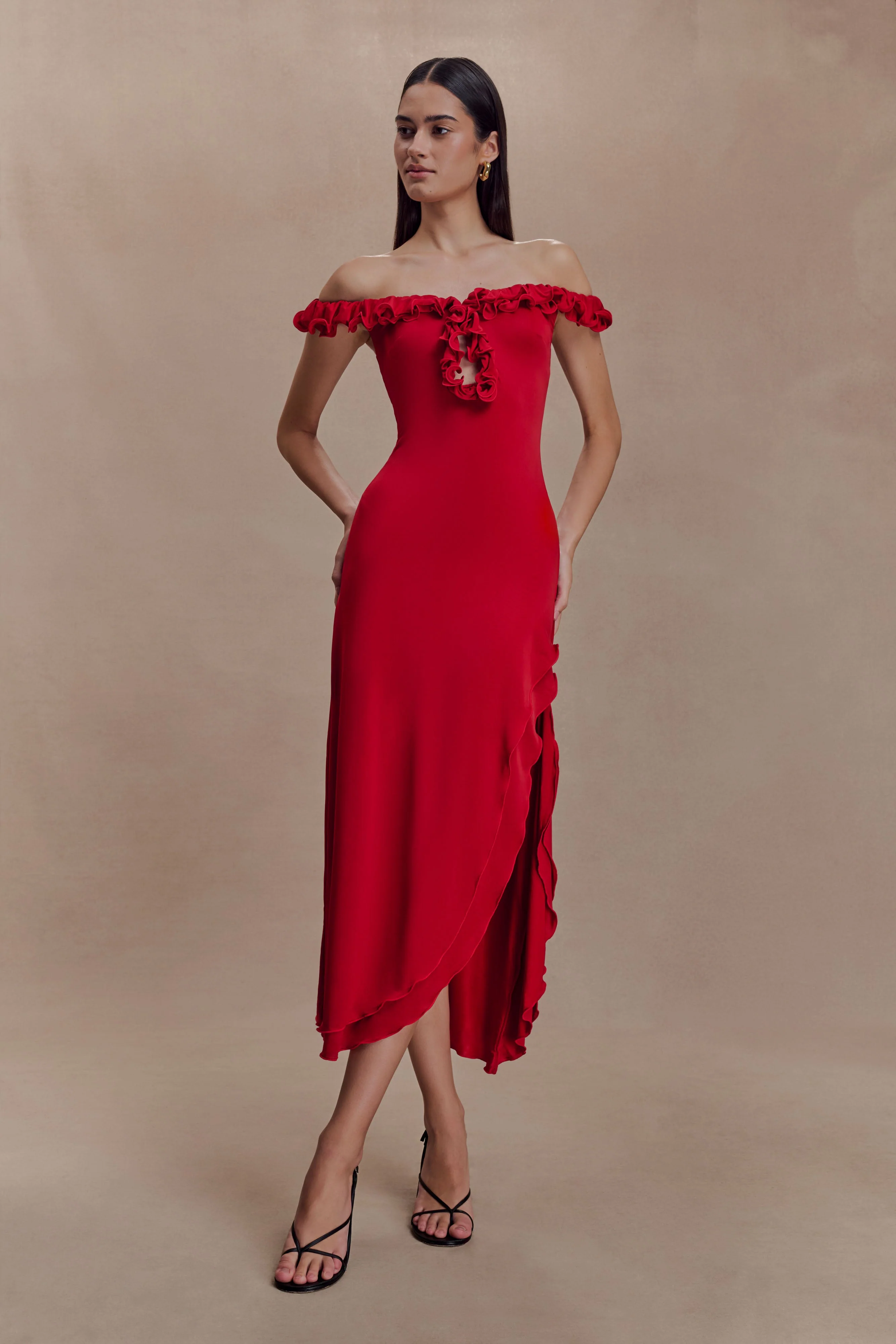 Allegra Off Shoulder Ruffle Midi Dress - Ruby - Image 6