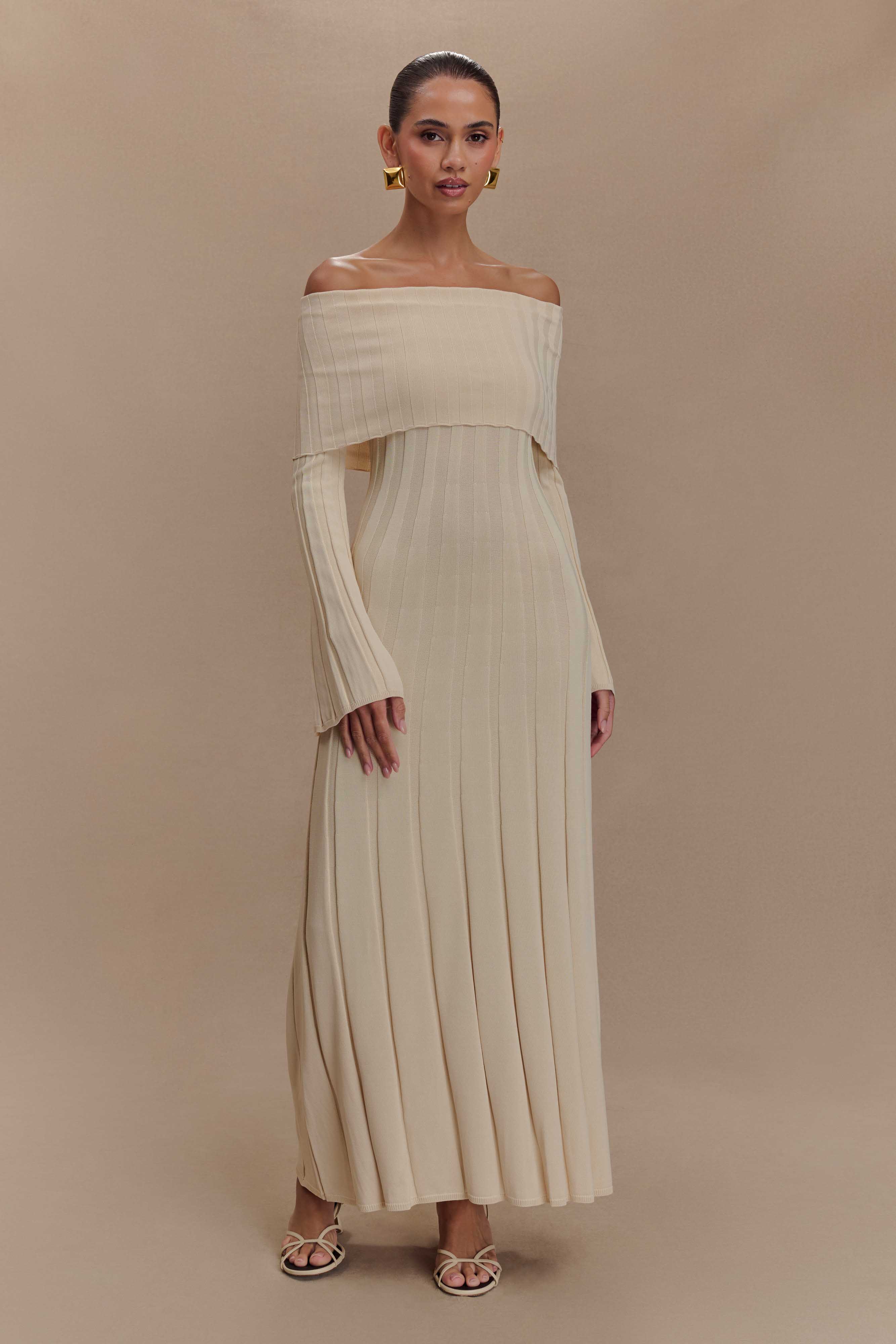 Alonza Long Sleeve Knit Midi Dress - Cream - Image 5
