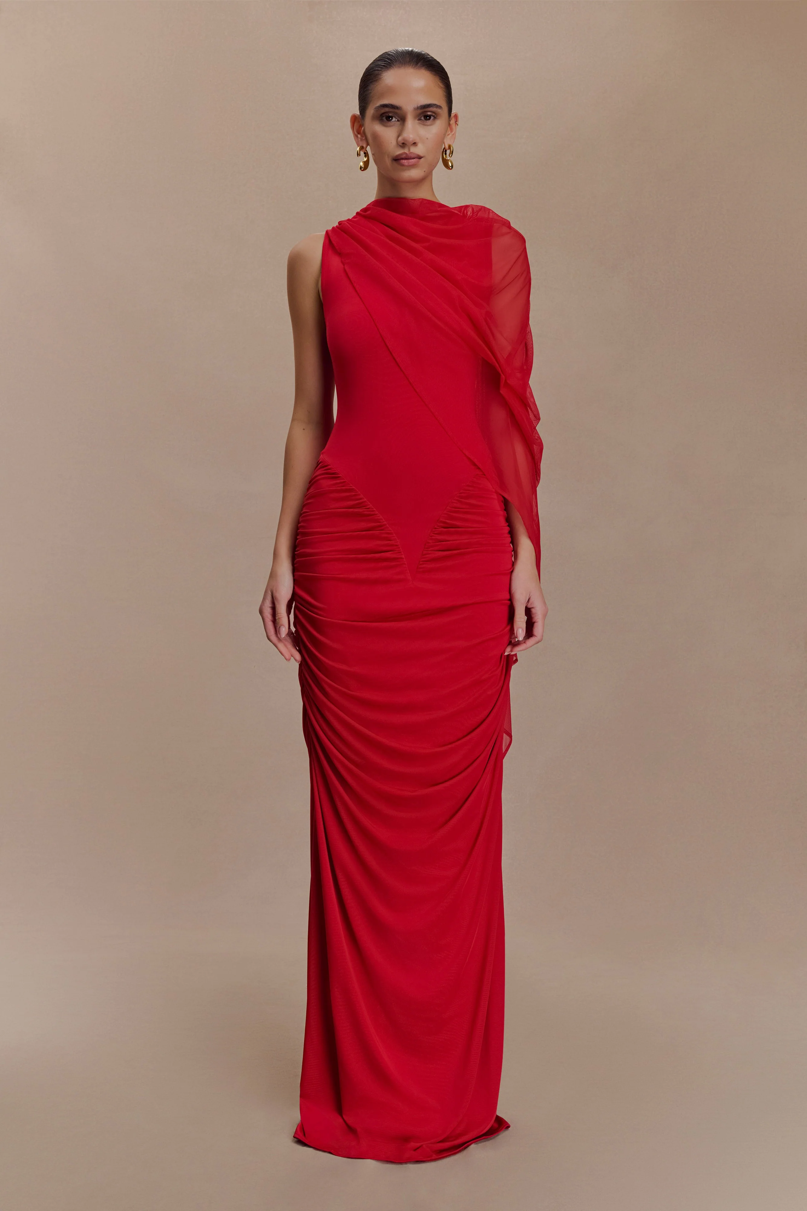 Amandine Ruched Slinky Maxi Dress - Ruby - Image 5