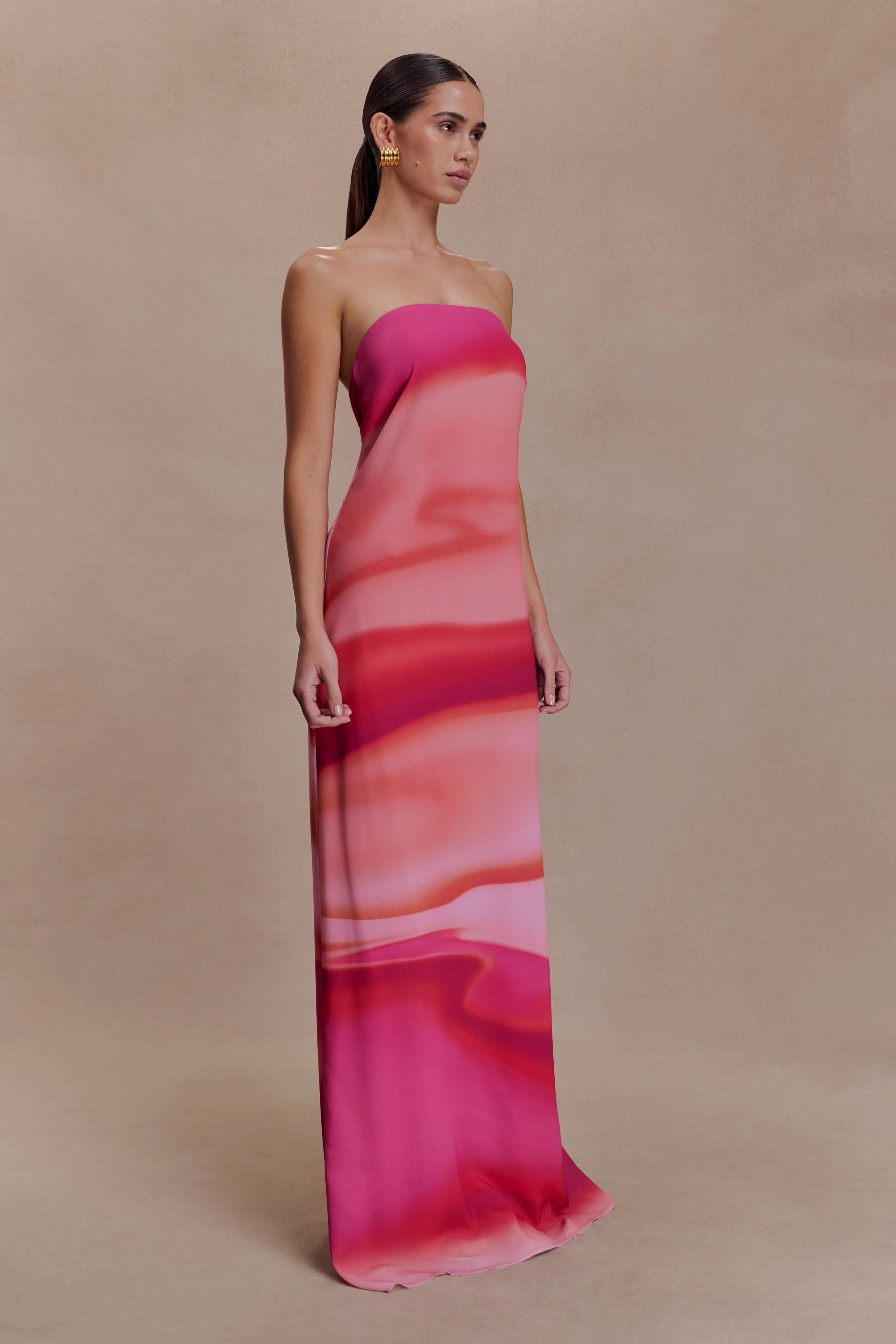 Amaya Strapless Chiffon Maxi Dress - Pink Sunset Print - Image 4