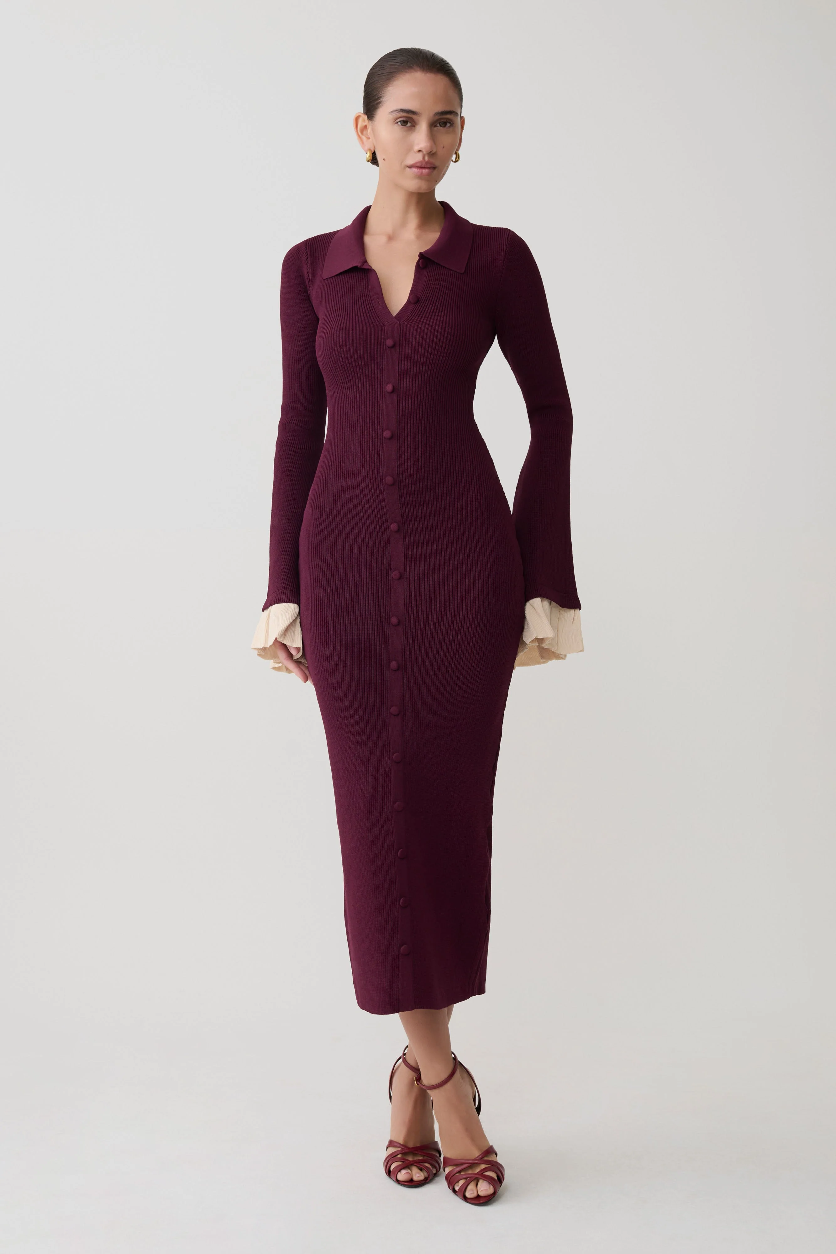 Amirose Ruffle Knit Midi Dress - Plum - Image 4