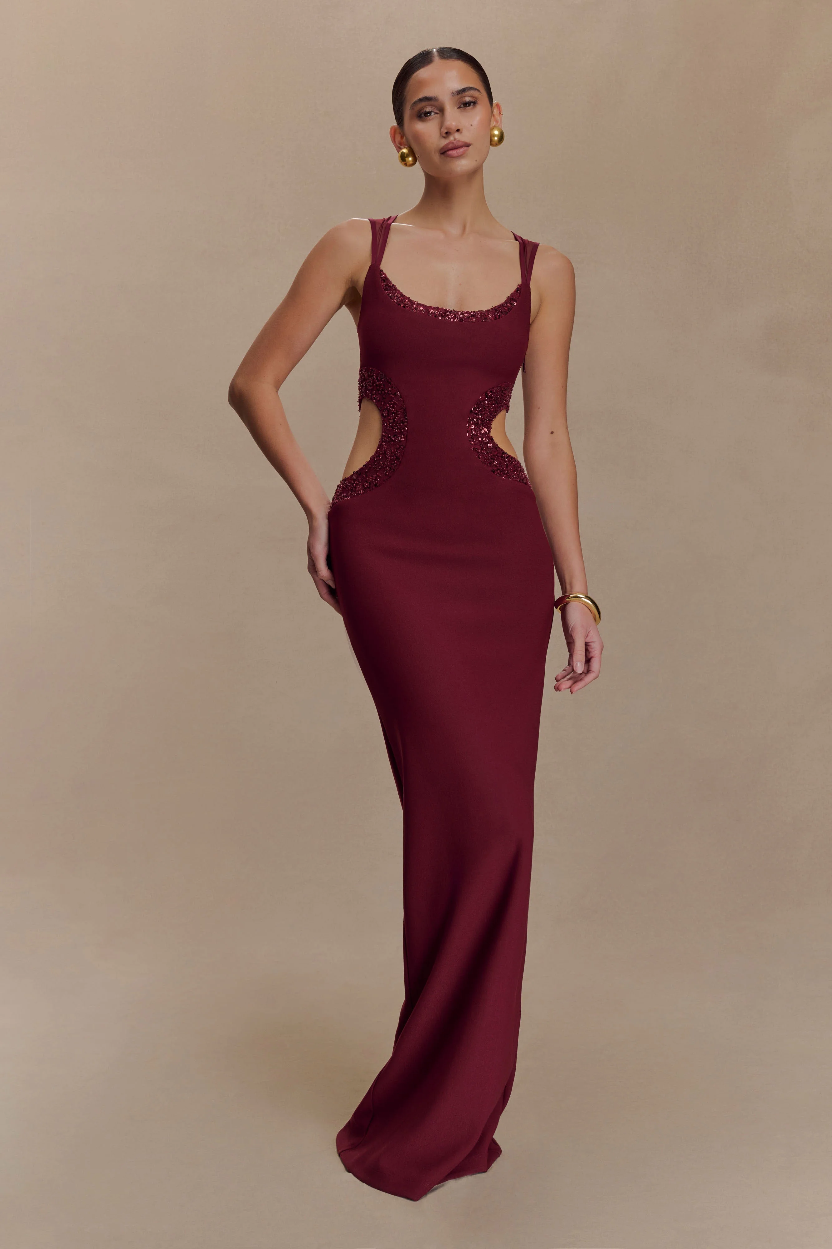 Angelique Beaded Crepe Maxi Dress - Wine - Image 5