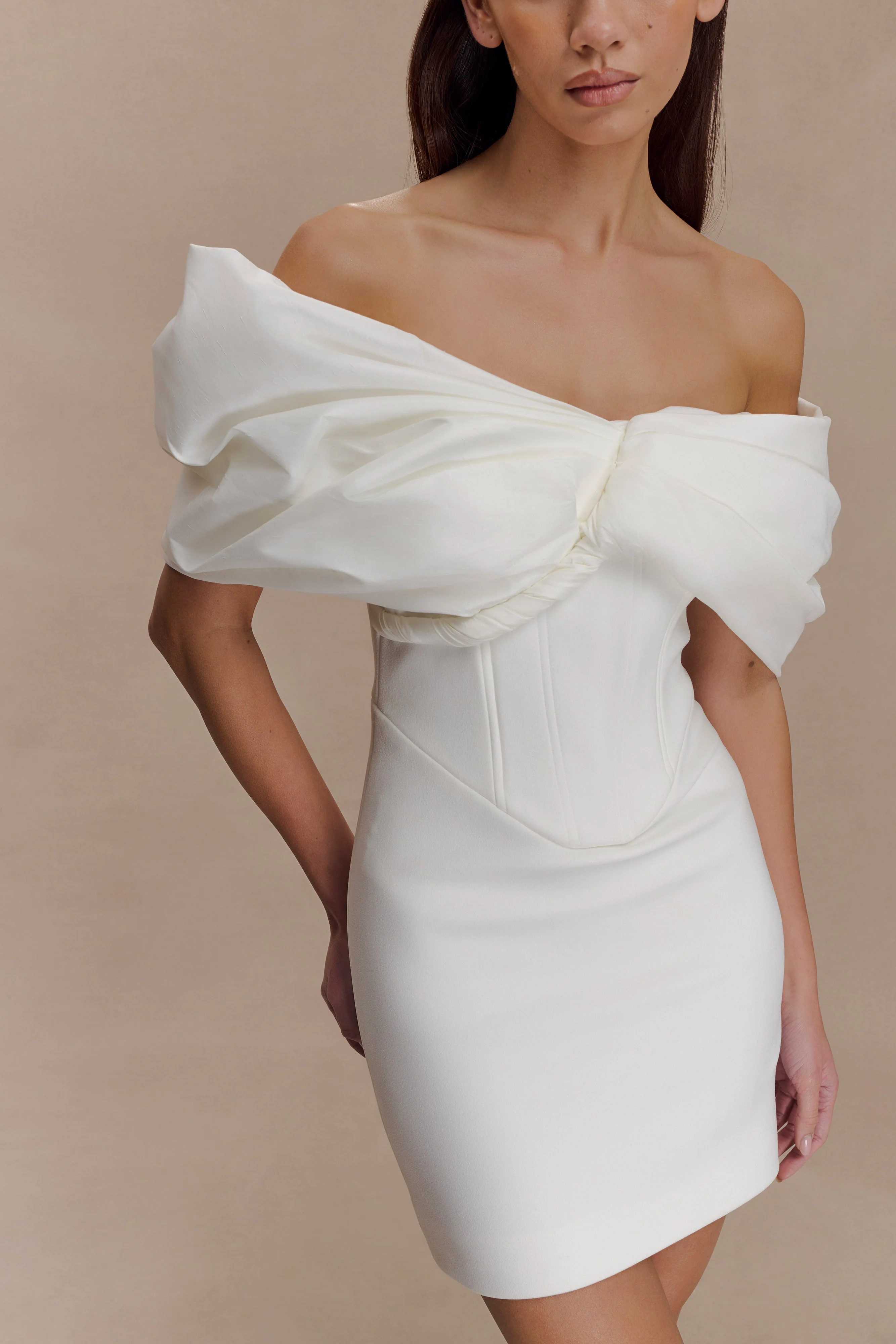 Aphrodite Off Shoulder Crepe Mini Dress - Ivory - Image 9