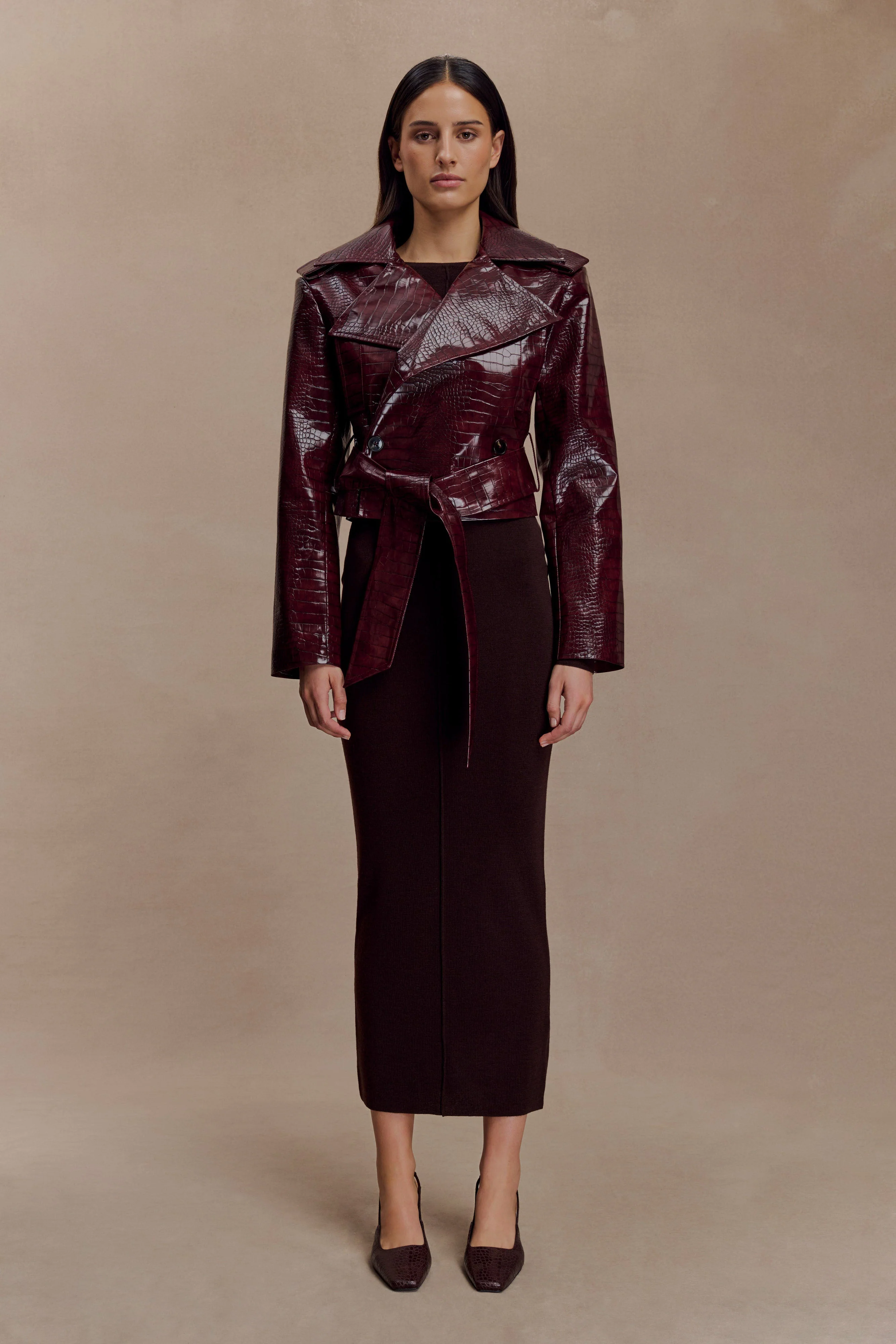 Archie Croc Faux Leather Cropped Jacket - Burgundy - Image 8