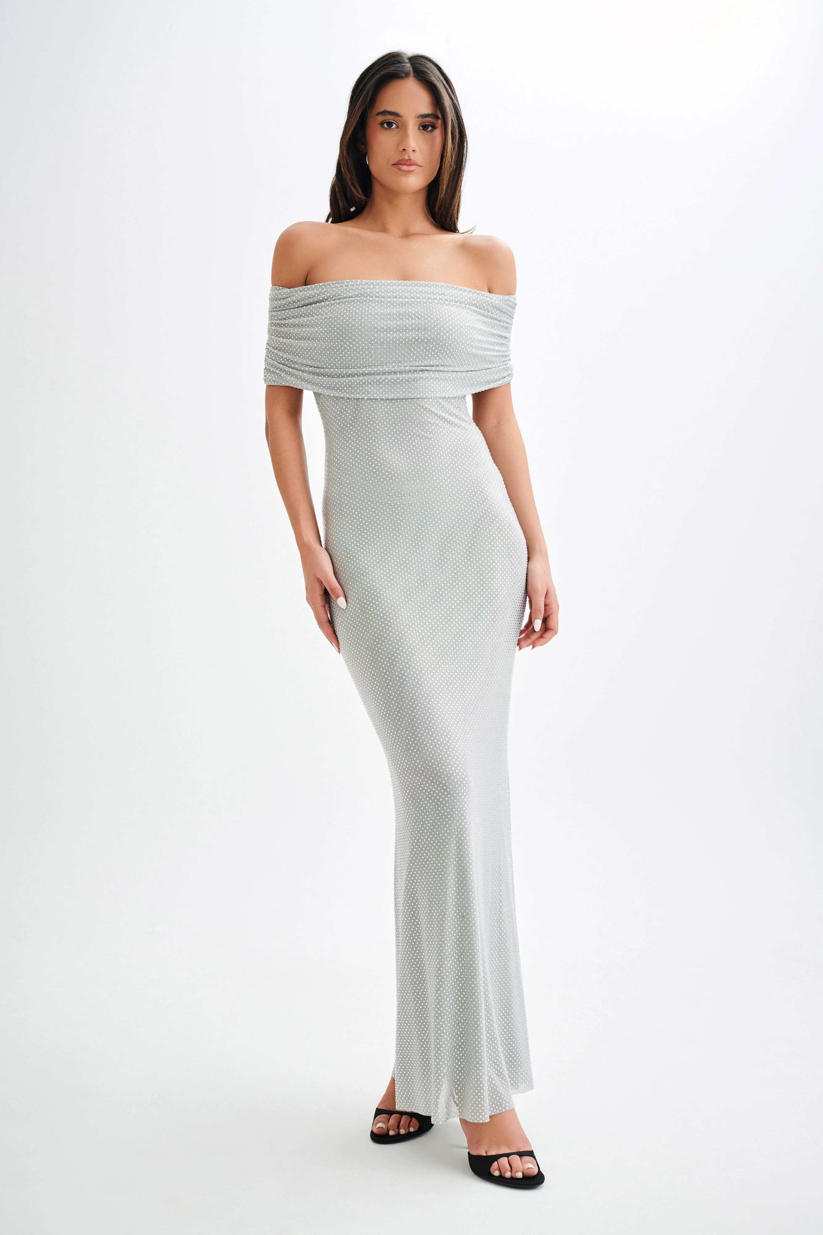 Arna Off Shoulder Diamante Maxi Dress - Silver - Image 3