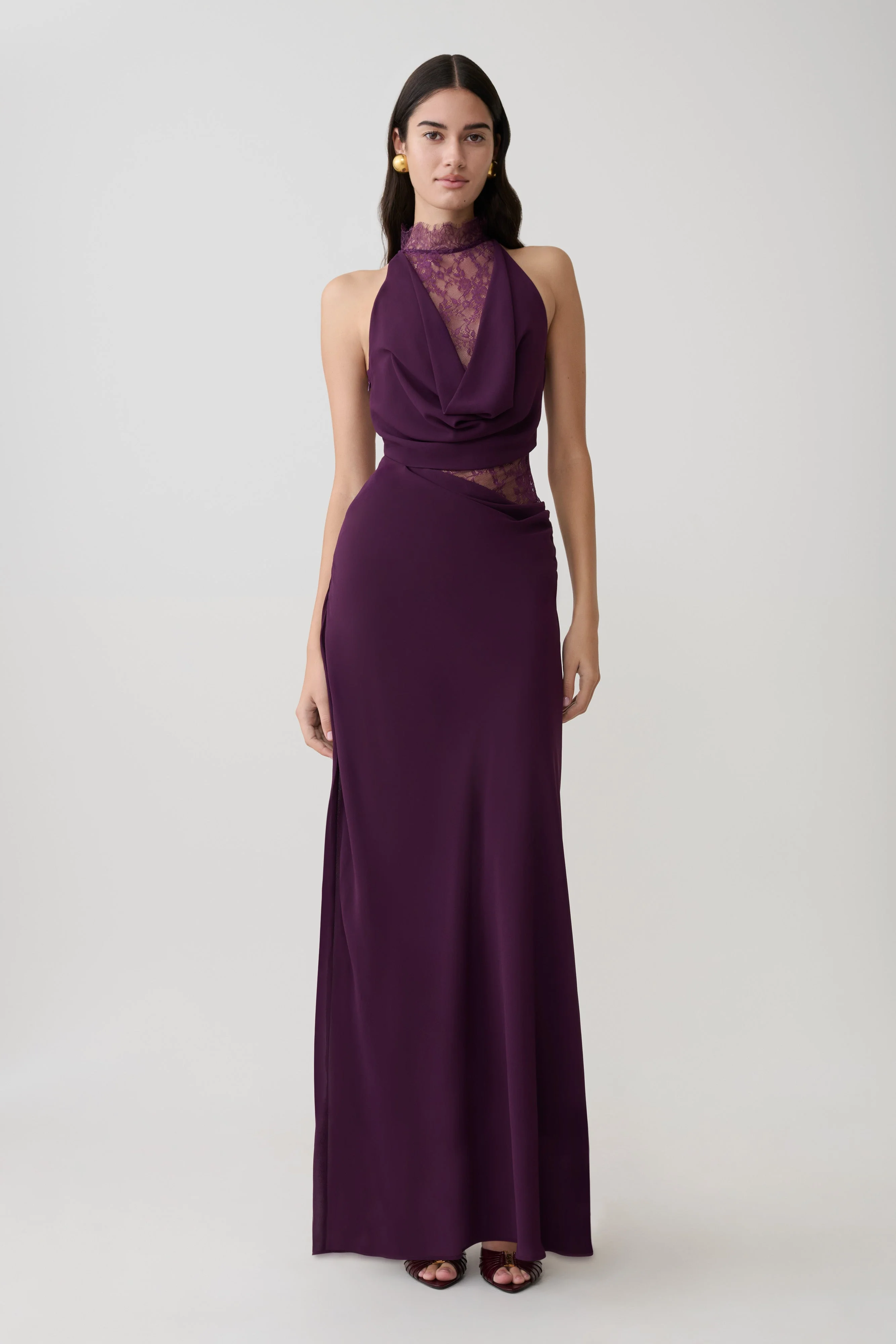 Arra Chiffon And Lace Halter Maxi Dress - Plum - Image 3