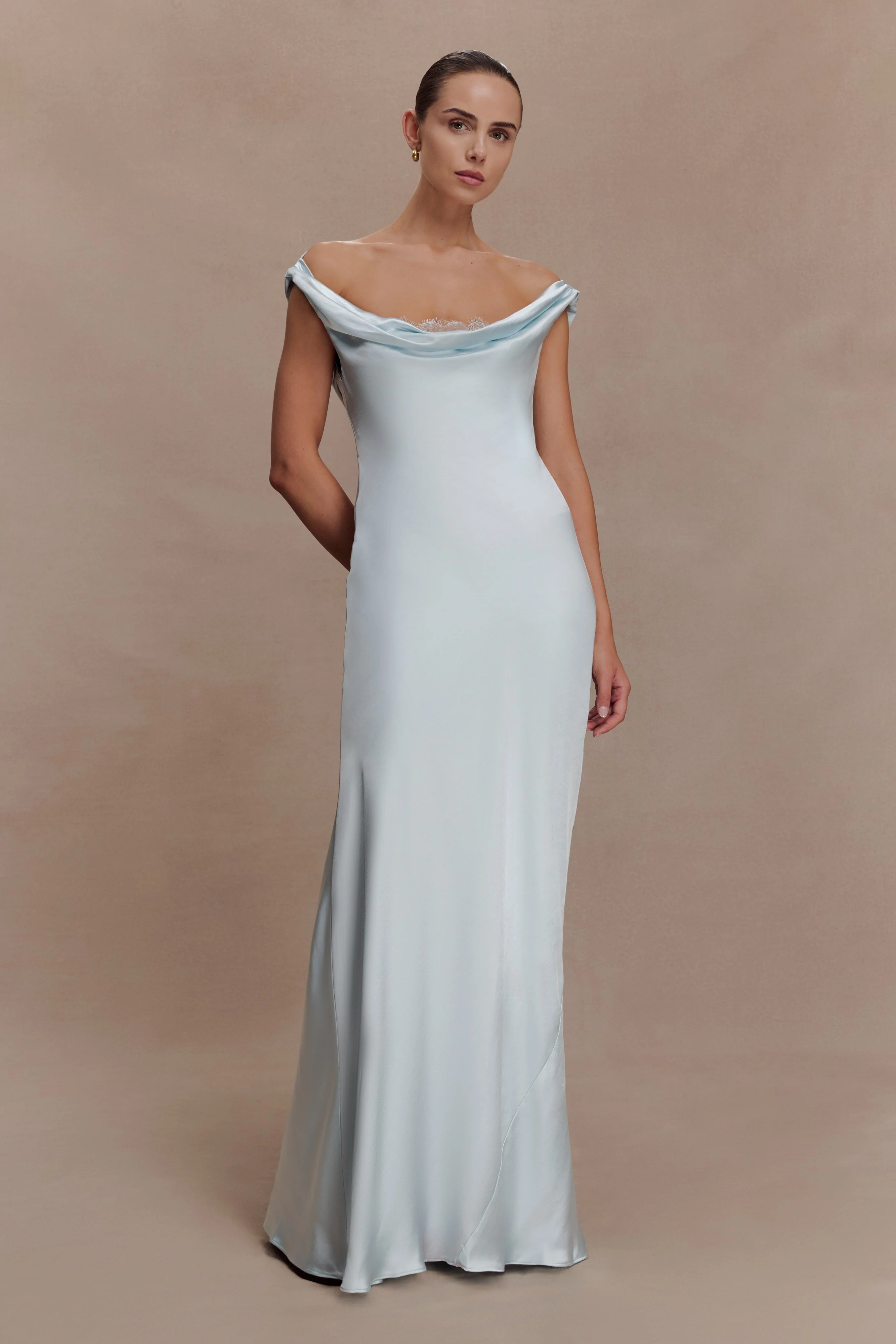 Ashley Cowl Neck Lace And Satin Maxi Dress - Ice Blue - Image 3