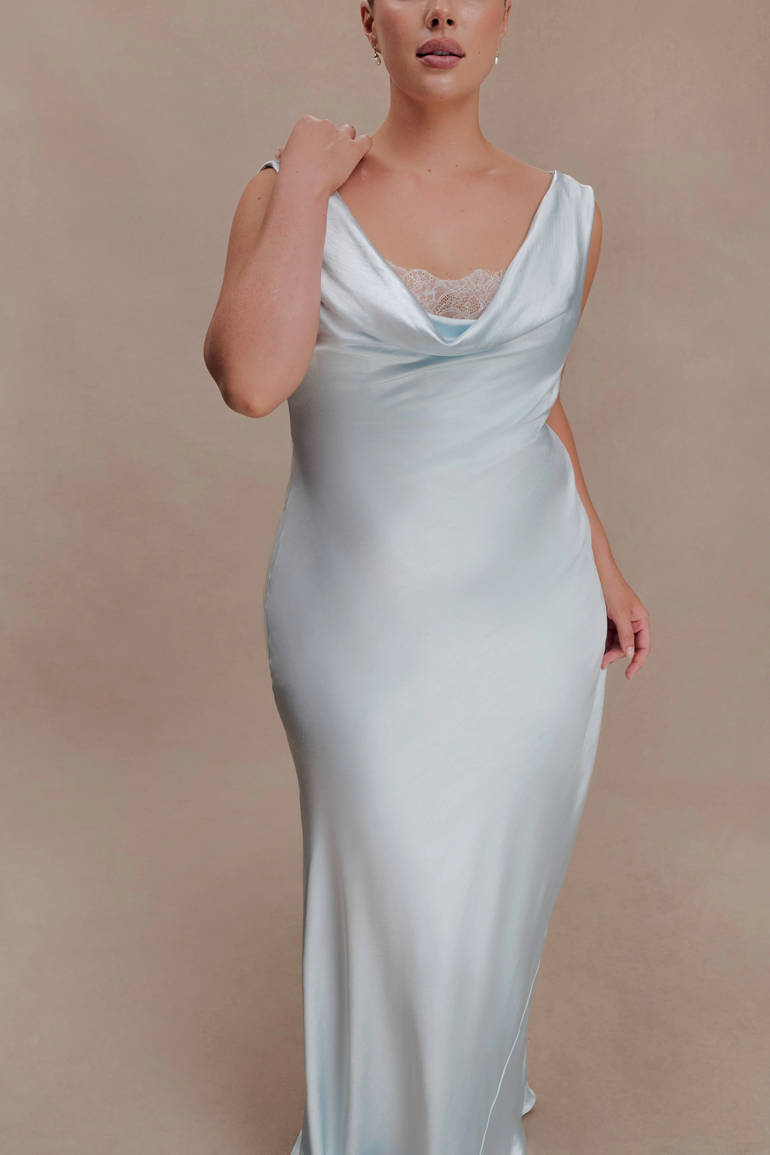 Ashley Cowl Neck Lace And Satin Maxi Dress - Ice Blue - Image 8