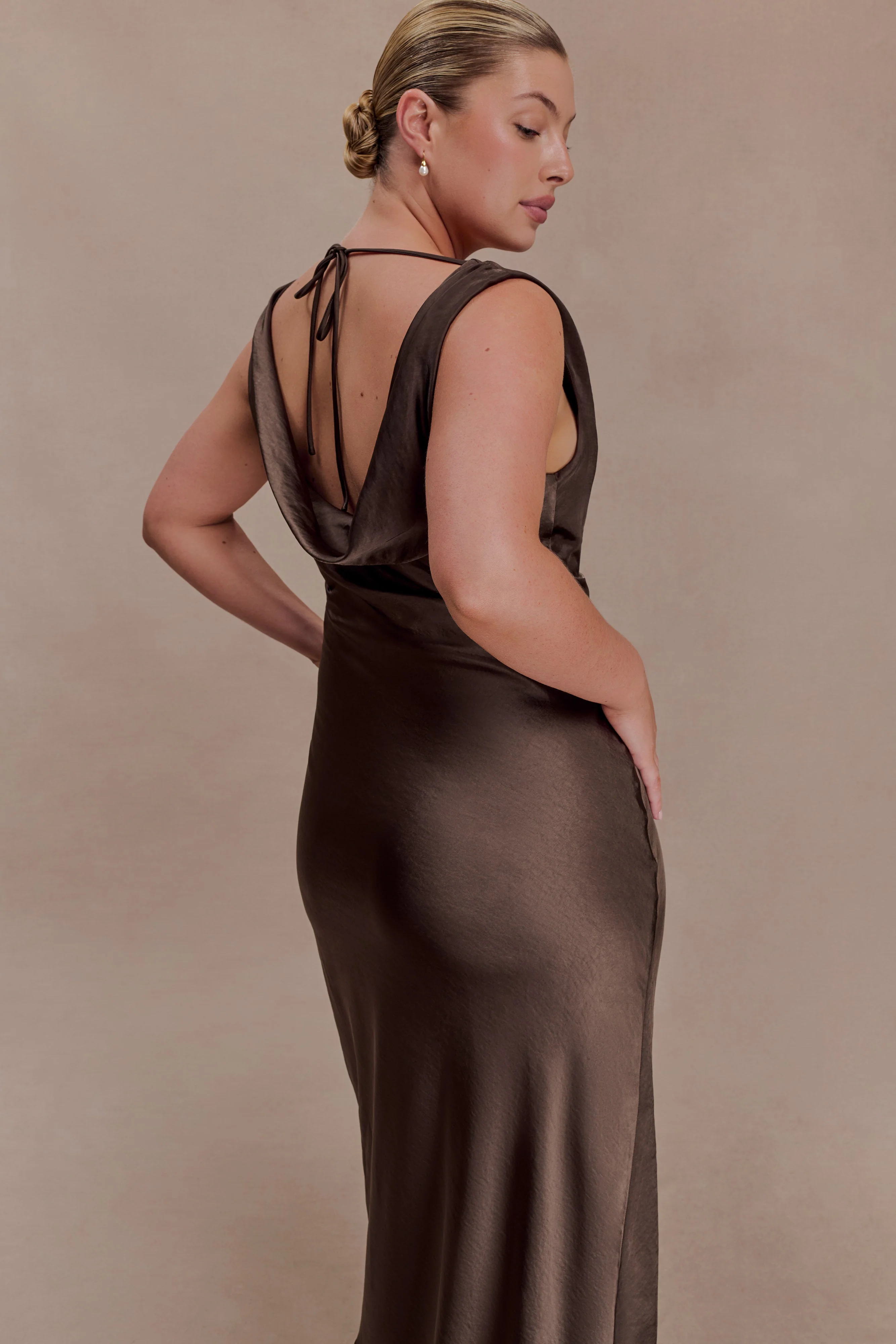 Ashley Cowl Neck Lace And Satin Maxi Dress - Mocha - Image 7