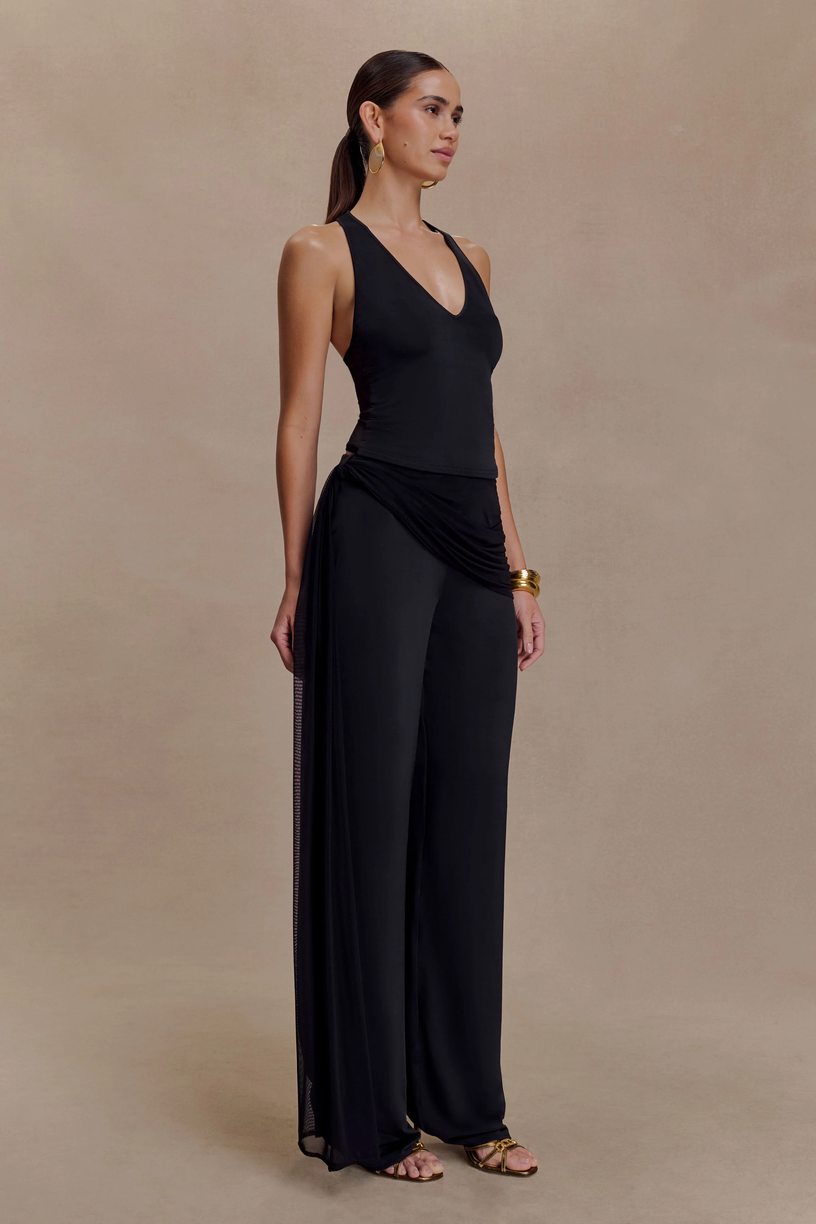 Aspyn Slinky Gathered Wide Leg Pants - Black - Image 3