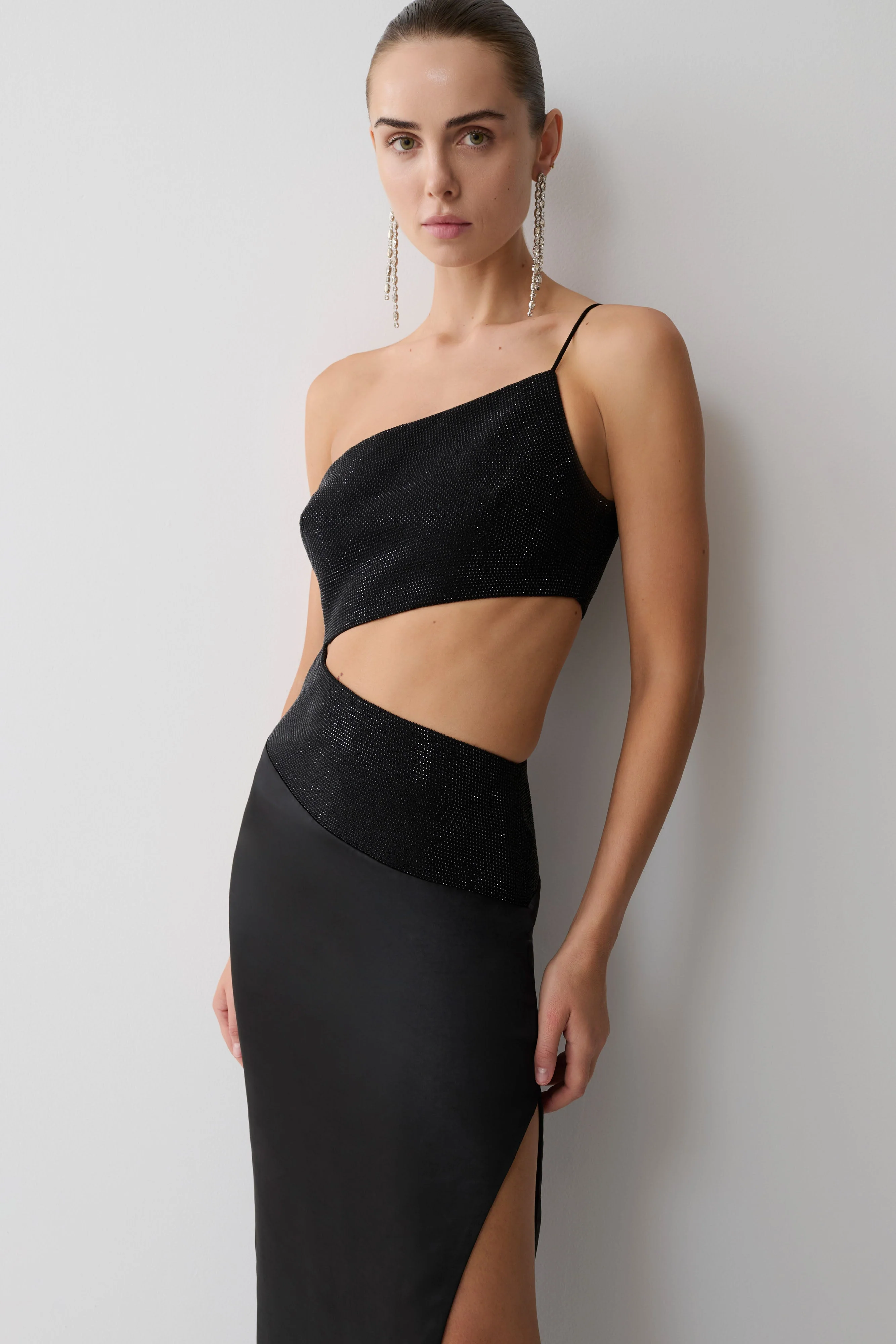 Athena One Shoulder Diamante Maxi Dress - Black - Image 10