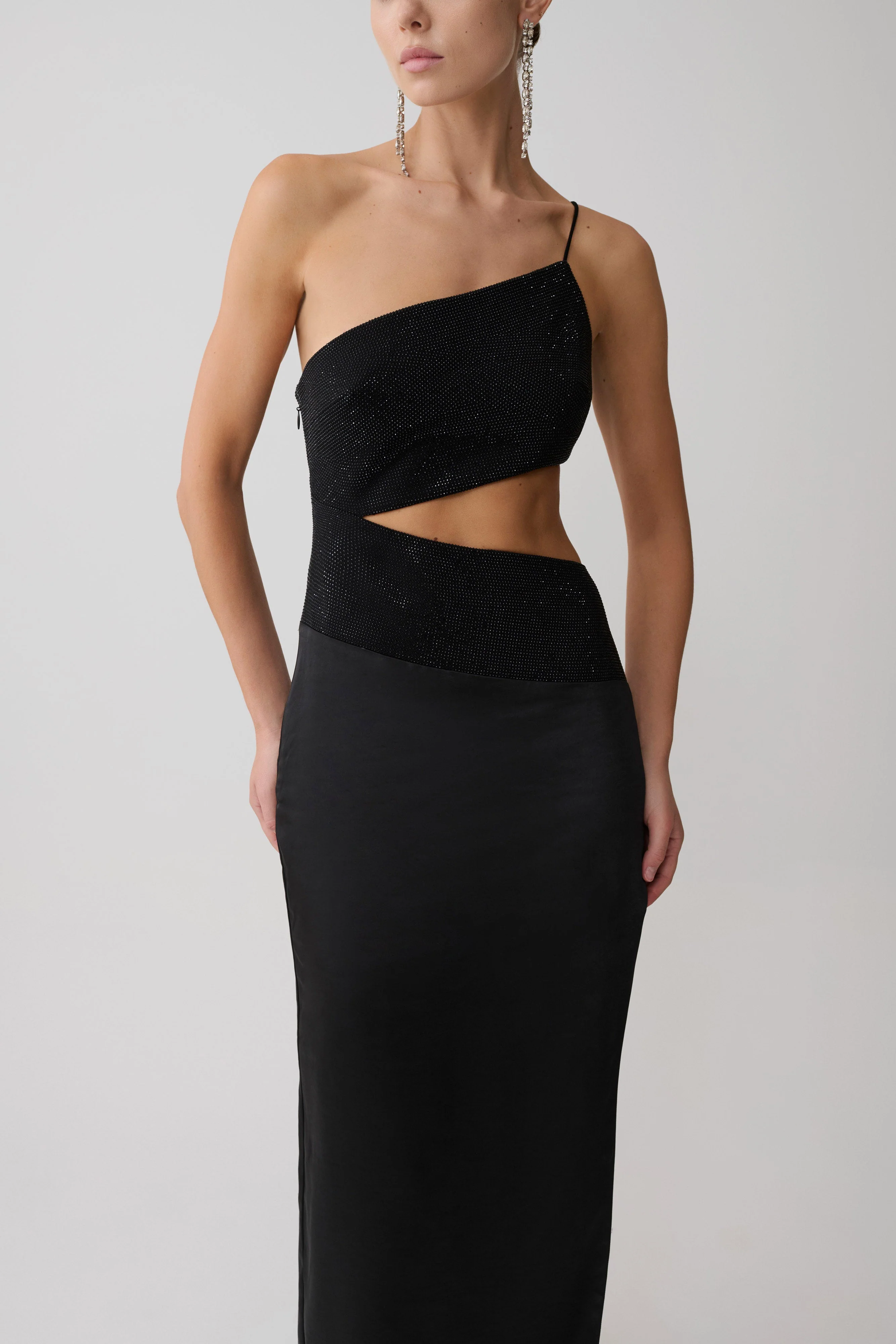 Athena One Shoulder Diamante Maxi Dress - Black - Image 9