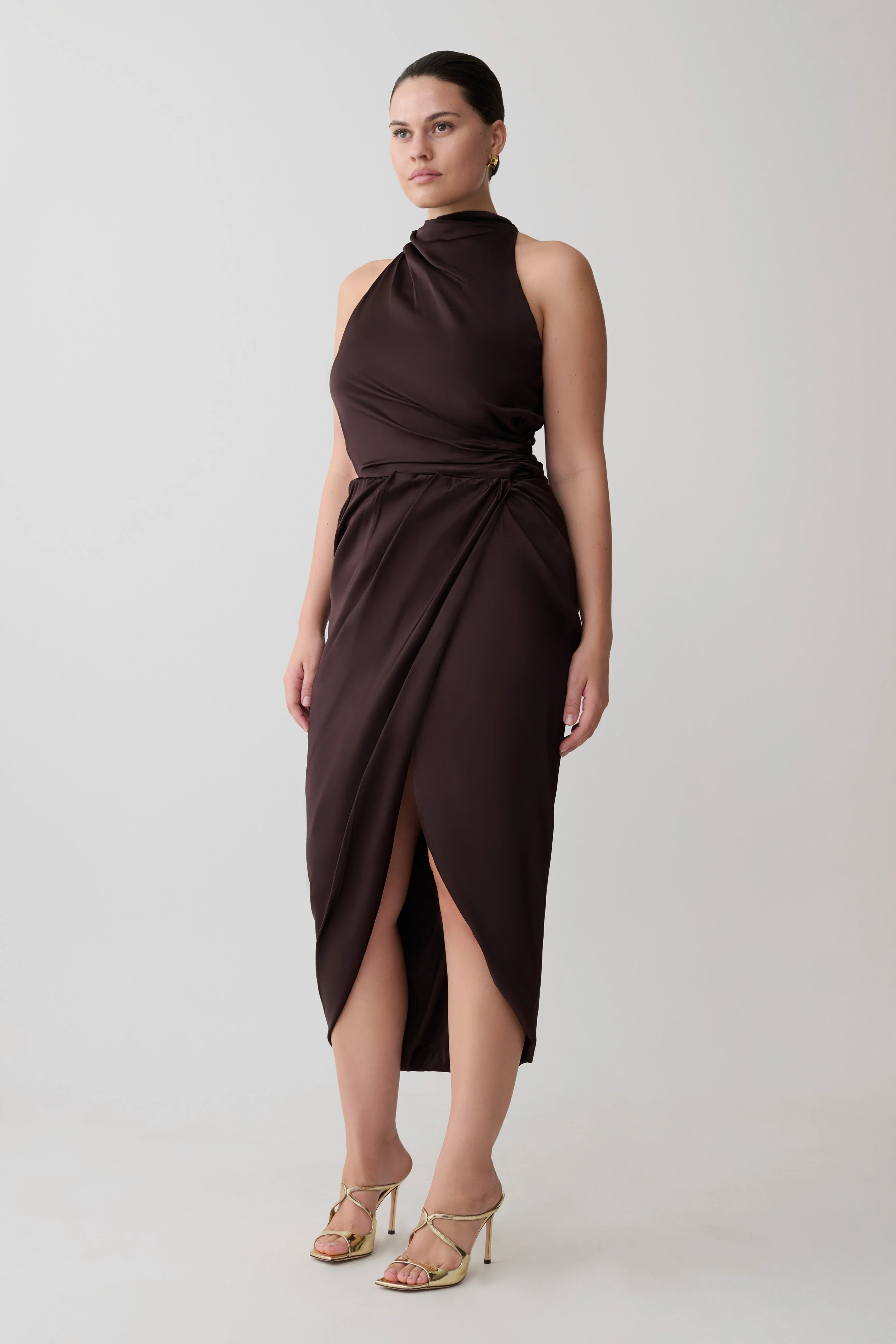 Aveline Draped Halter Midi Dress - Dark Chocolate - Image 7