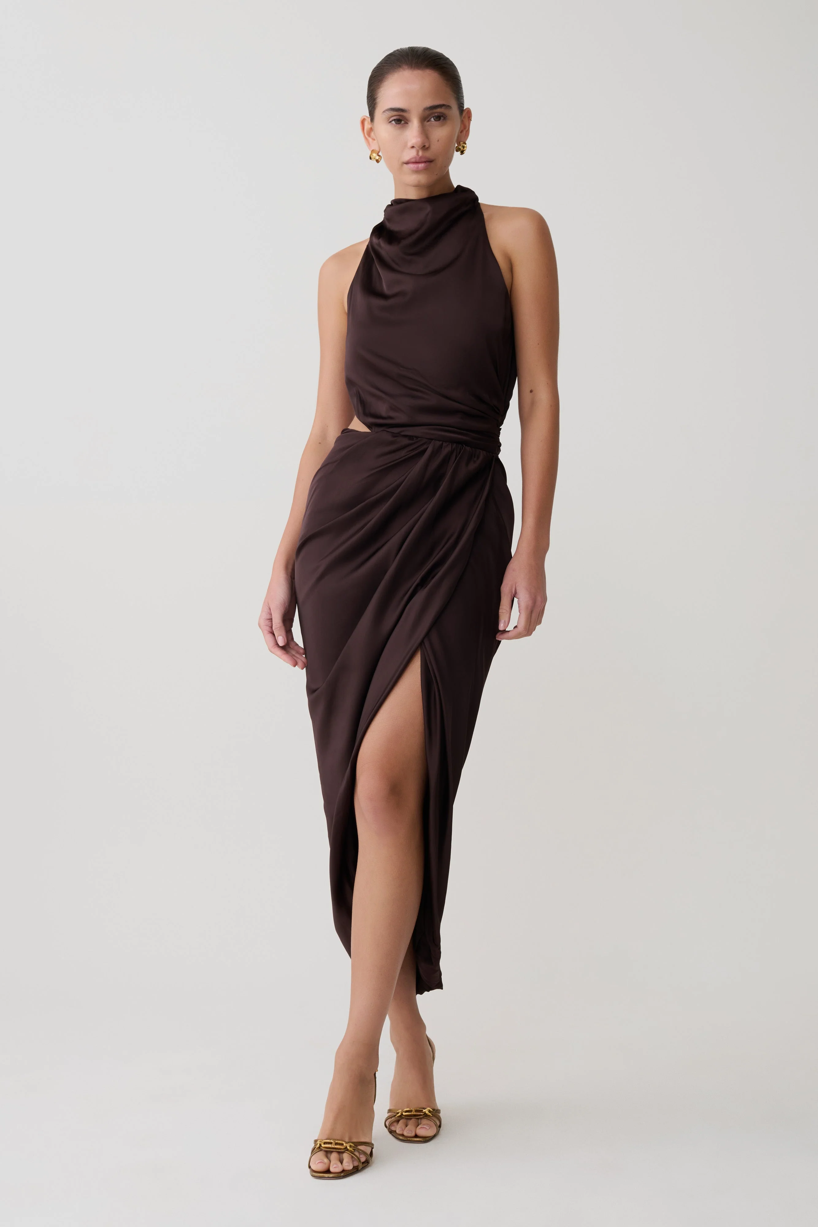 Aveline Draped Halter Midi Dress - Dark Chocolate - Image 8