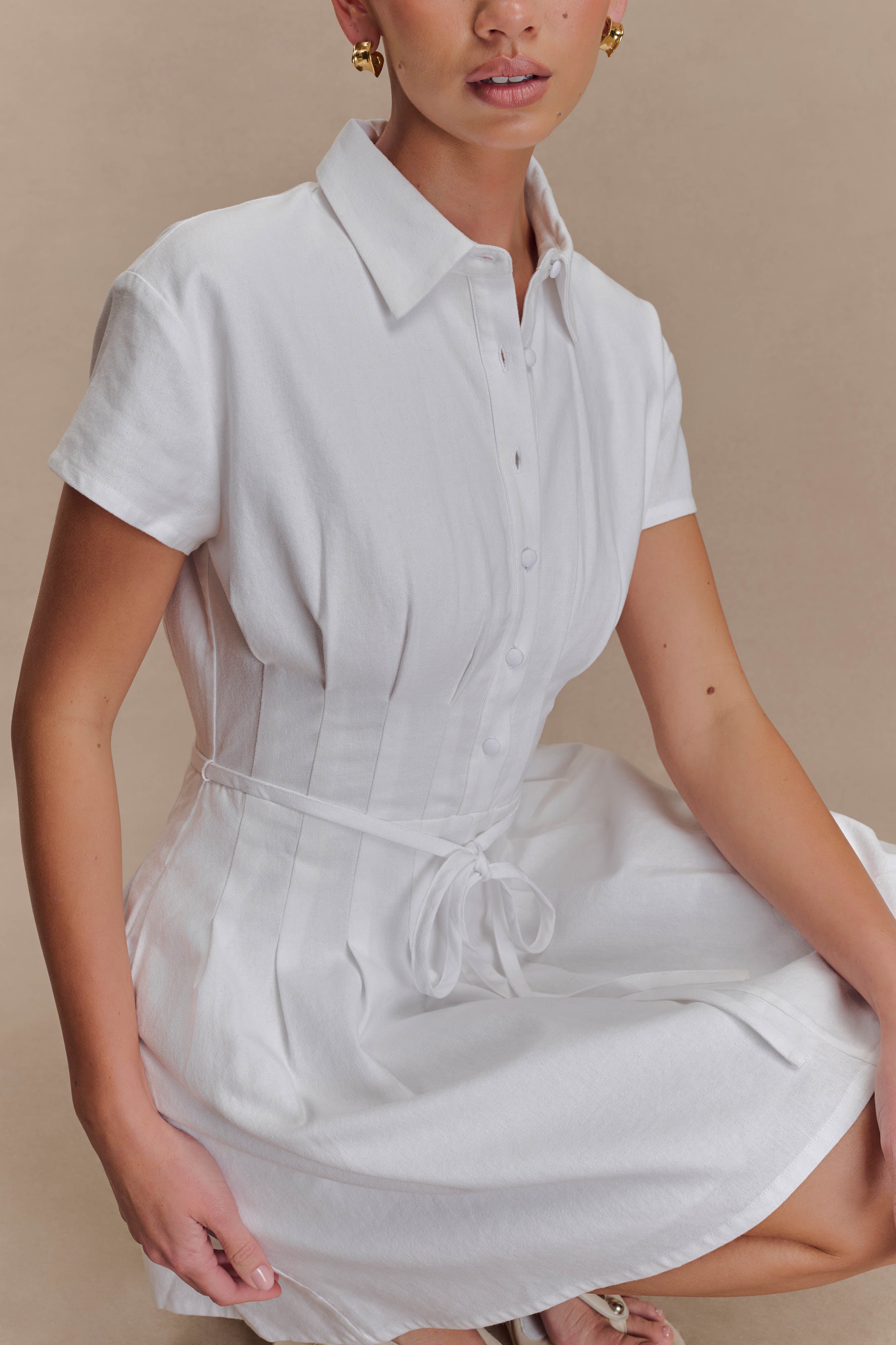 Aysha Buttoned Linen Mini Dress - White - Image 3