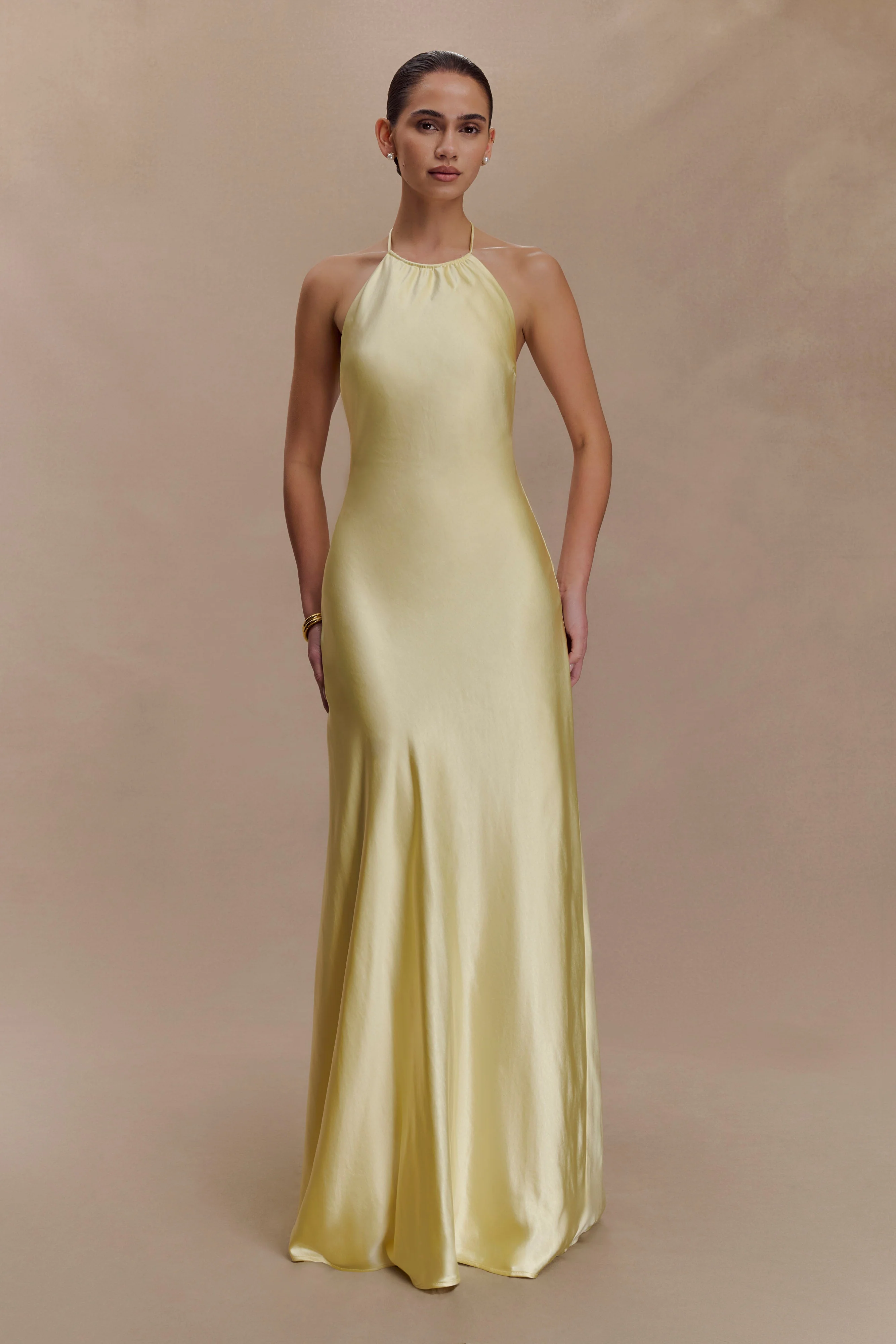 Bella Satin Halter Maxi Dress - Lemon - Image 7