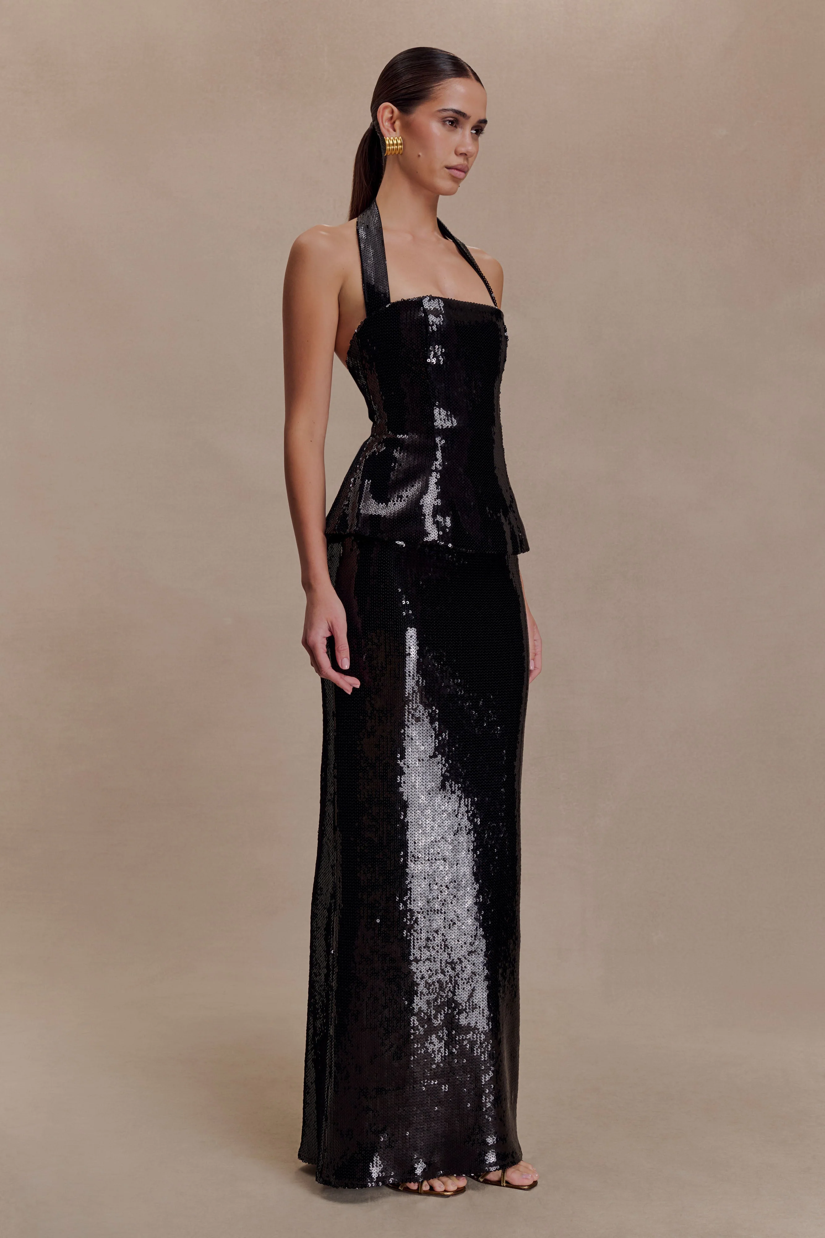 Bertie Sequin Peplum Halter Maxi Dress - Black - Image 6