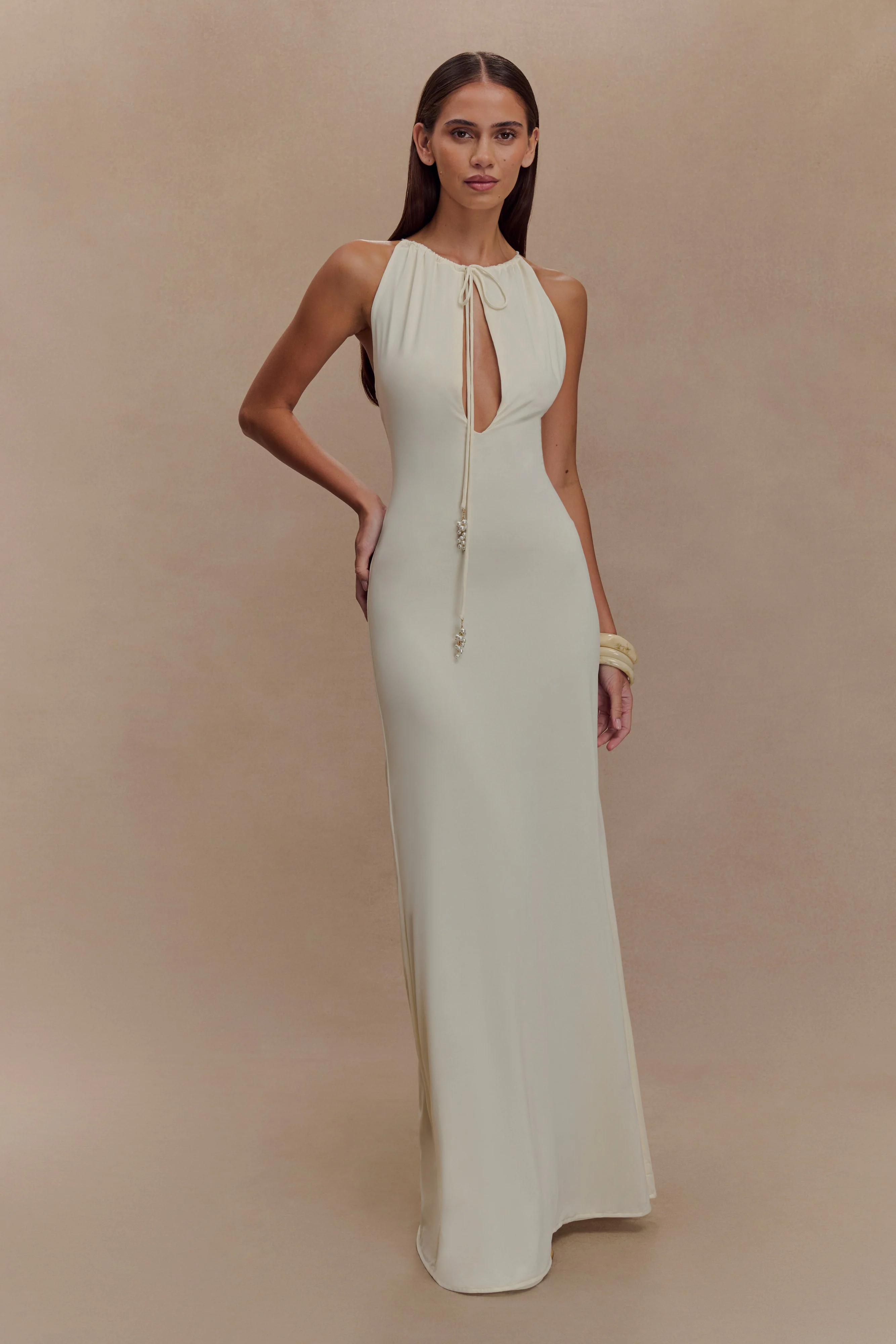 Beryl Slinky Maxi Dress With Pearls - Ivory - Image 2