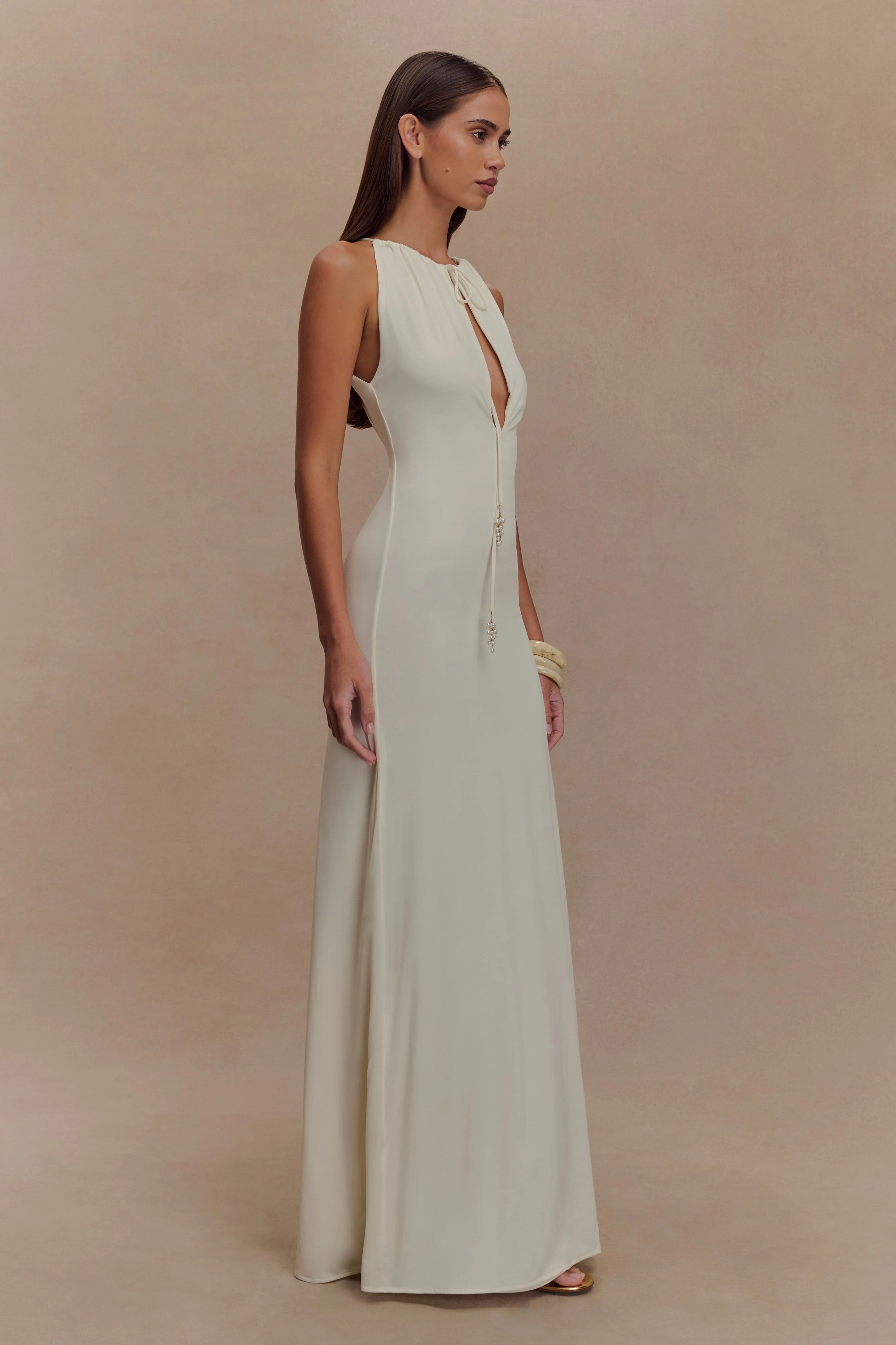 Beryl Slinky Maxi Dress With Pearls - Ivory - Image 5