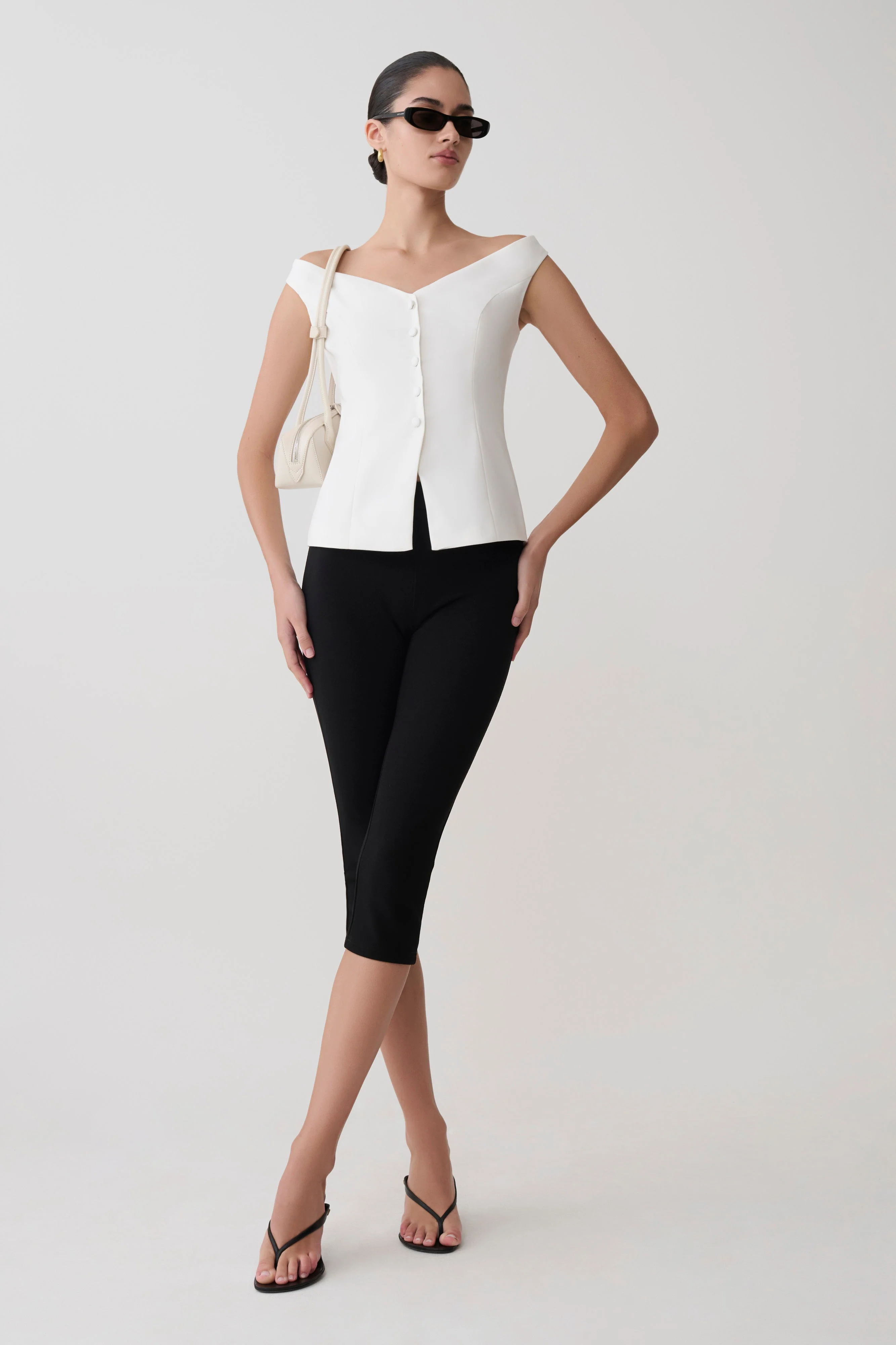 Billie Off Shoulder Sleeveless Button Top - White - Image 5