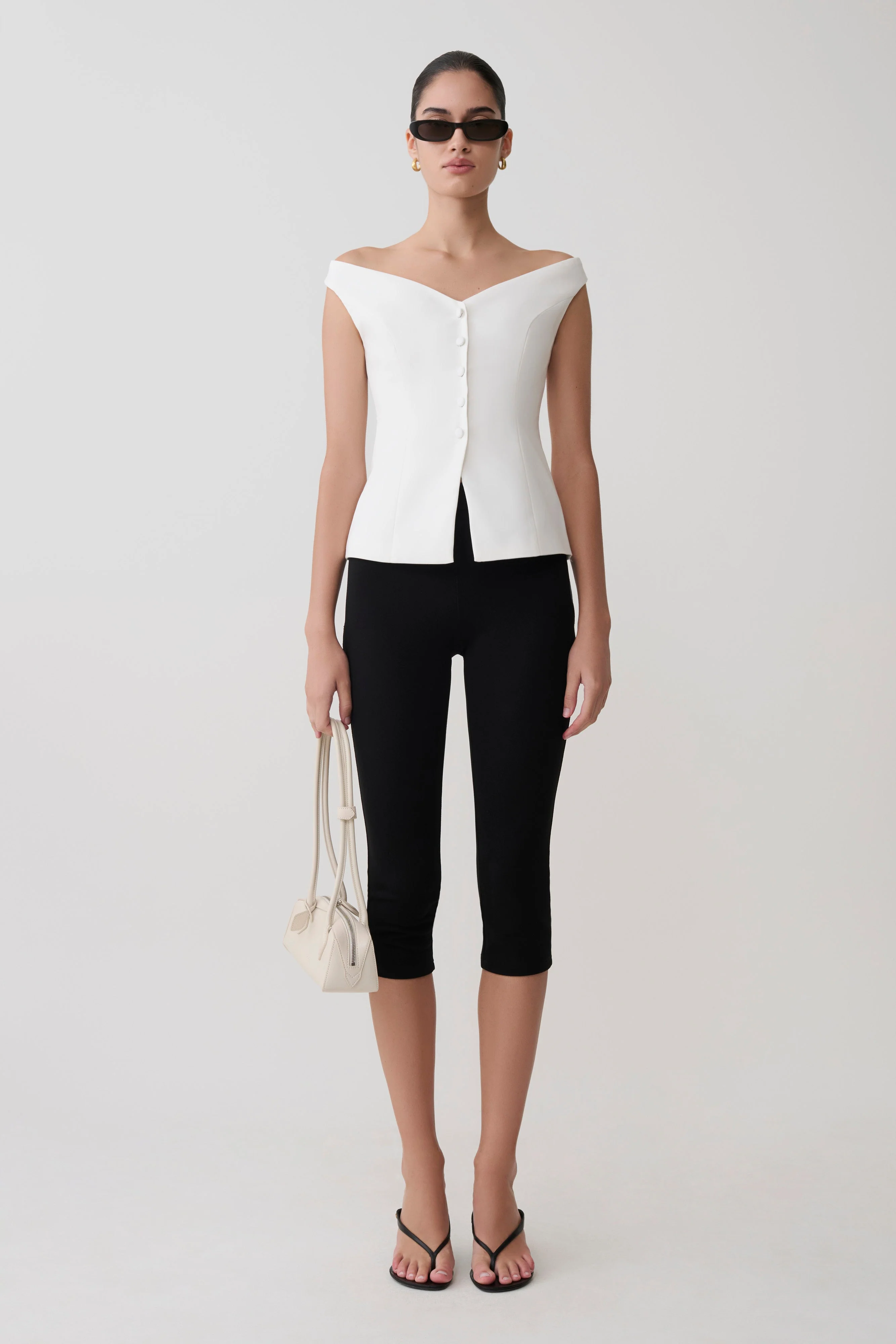 Billie Off Shoulder Sleeveless Button Top - White - Image 6