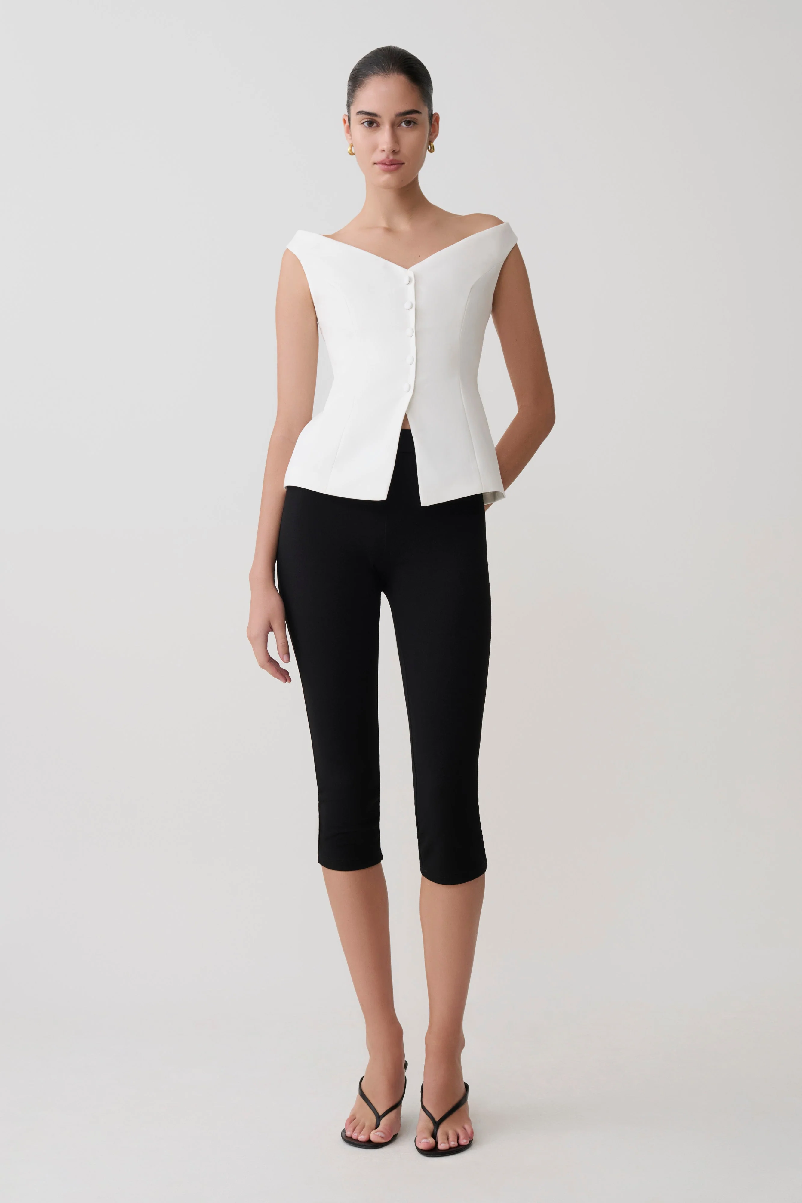 Billie Off Shoulder Sleeveless Button Top - White - Image 7