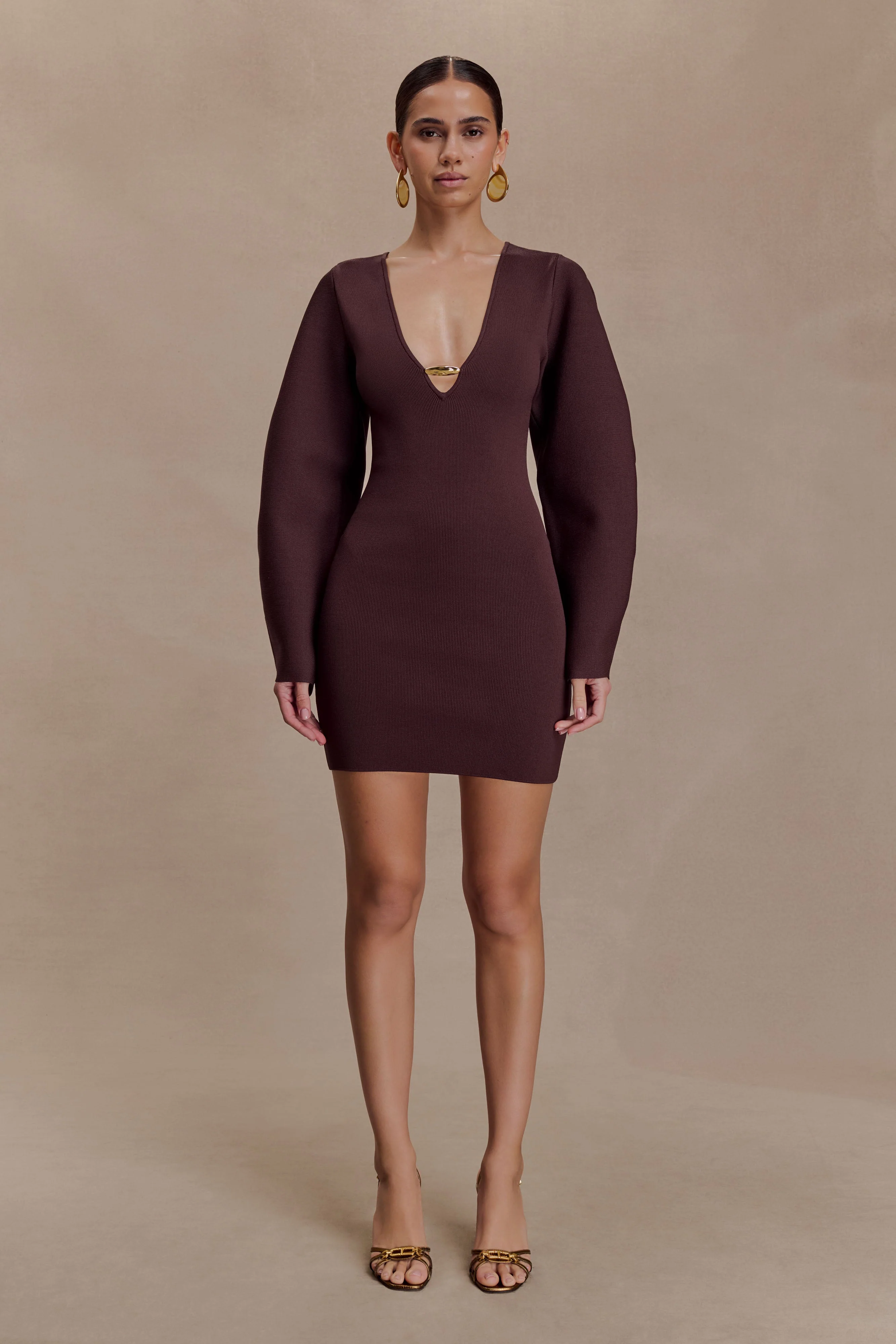Billy Balloon Sleeve Knit Mini Dress - Dark Chocolate - Image 3
