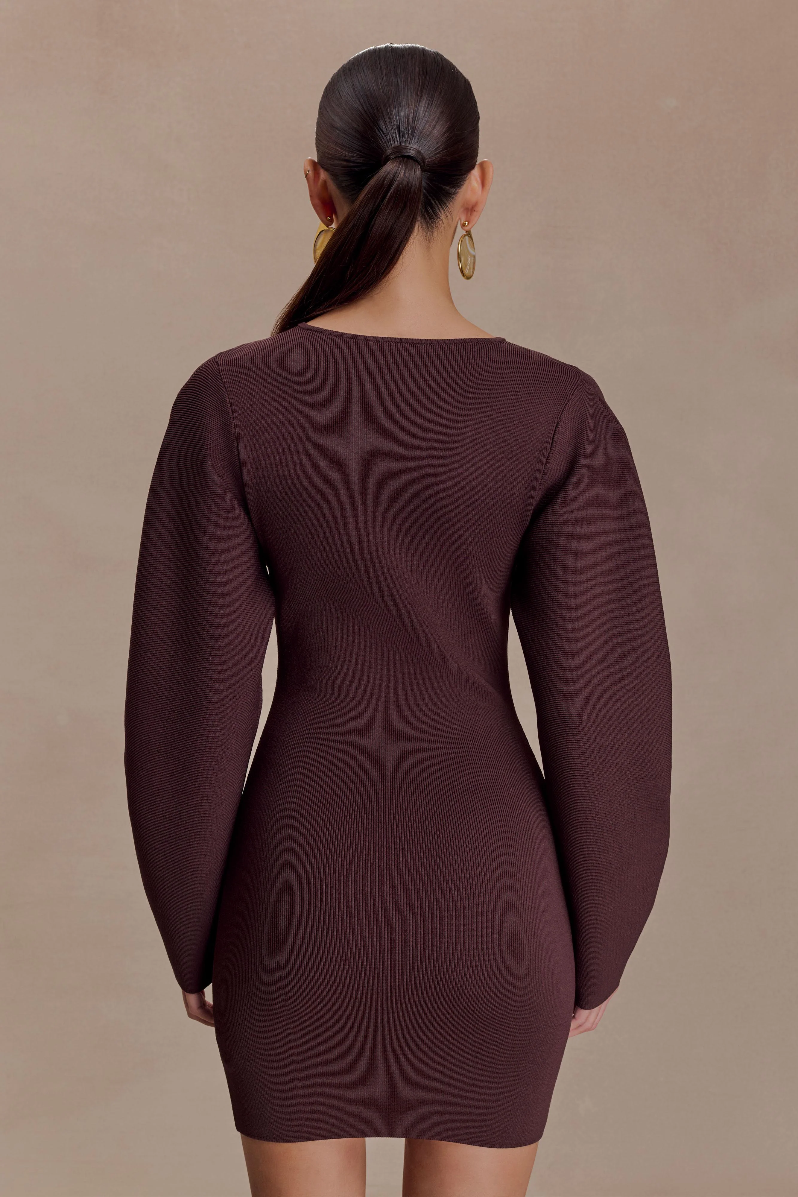 Billy Balloon Sleeve Knit Mini Dress - Dark Chocolate - Image 5