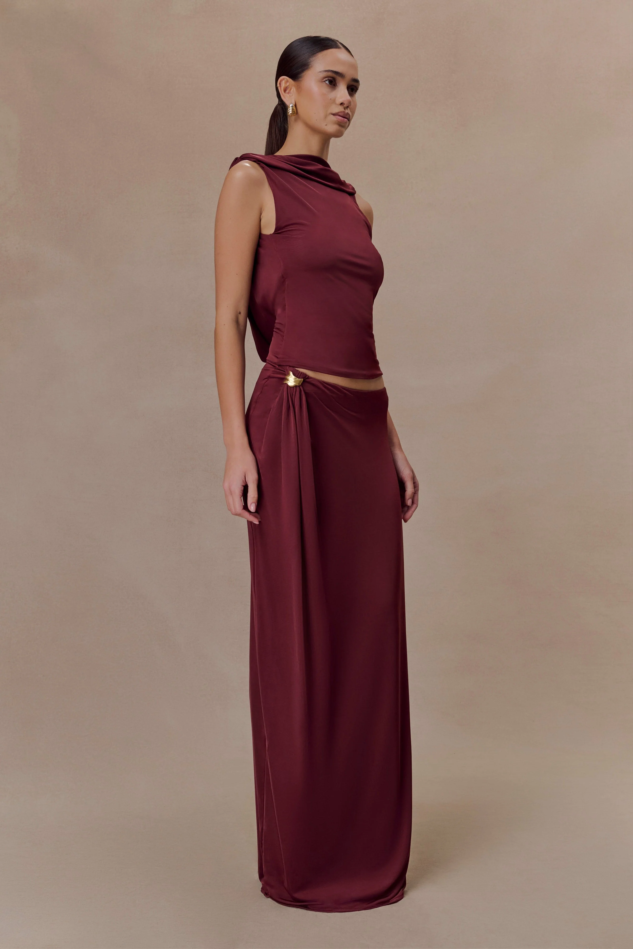 Bridget Slinky Maxi Skirt With Hardware - Burgundy - Image 3