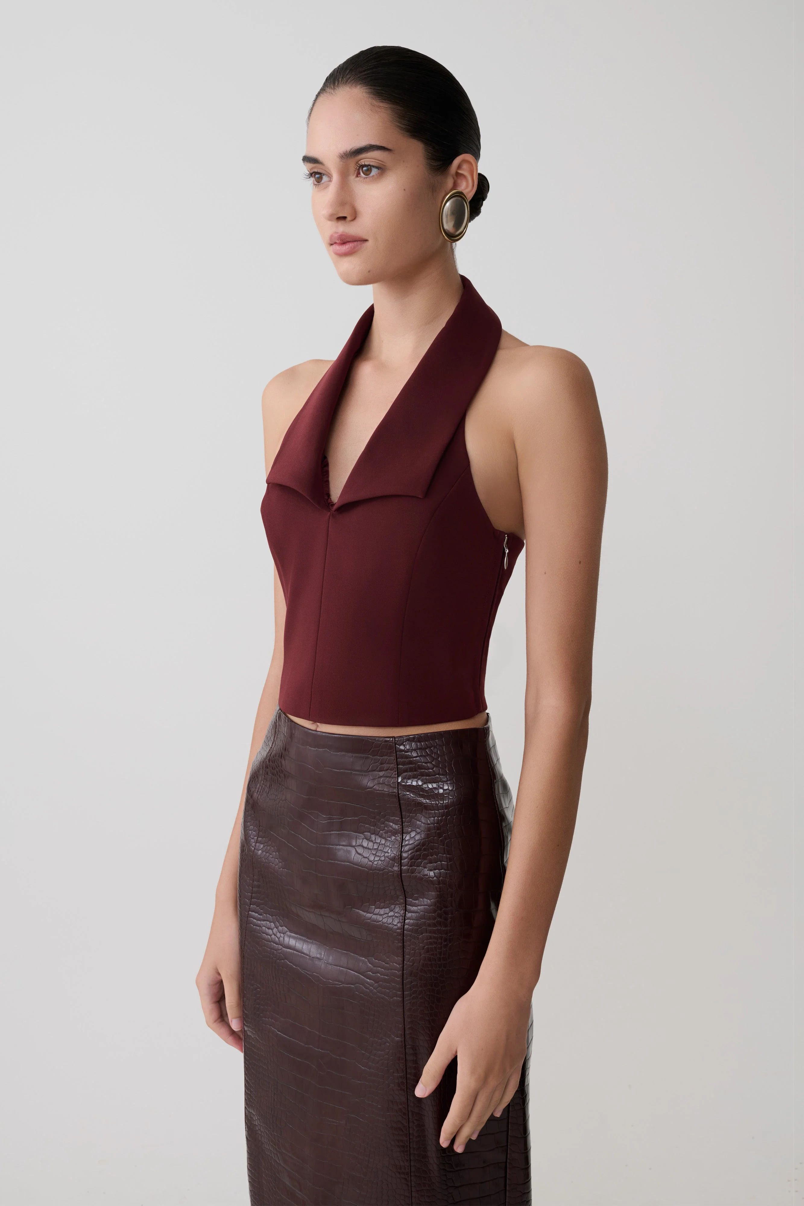 Calla Collared Sleeveless Halter Top - Merlot - Image 5