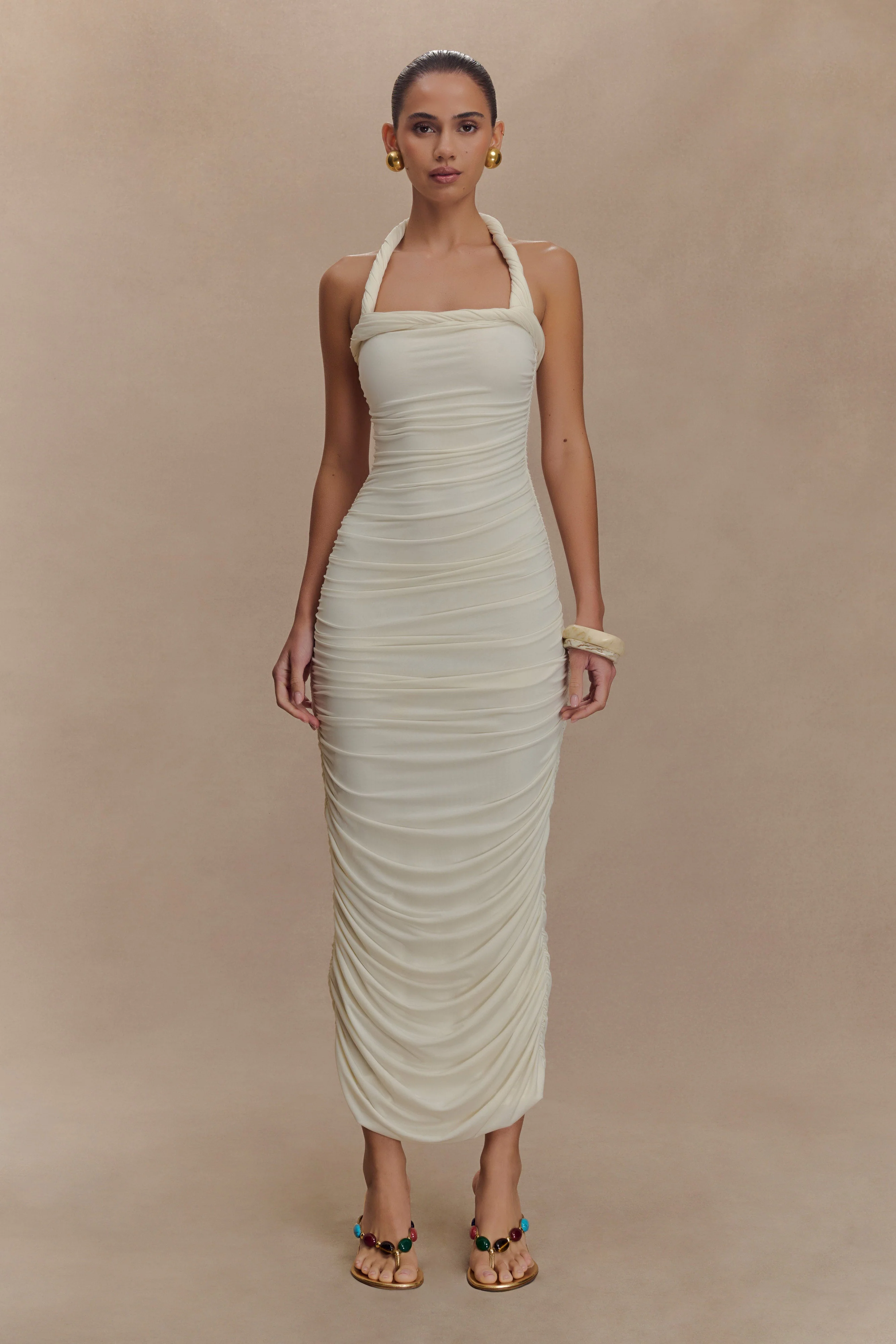 Camila Ruched Halter Midi Dress - Ivory - Image 6