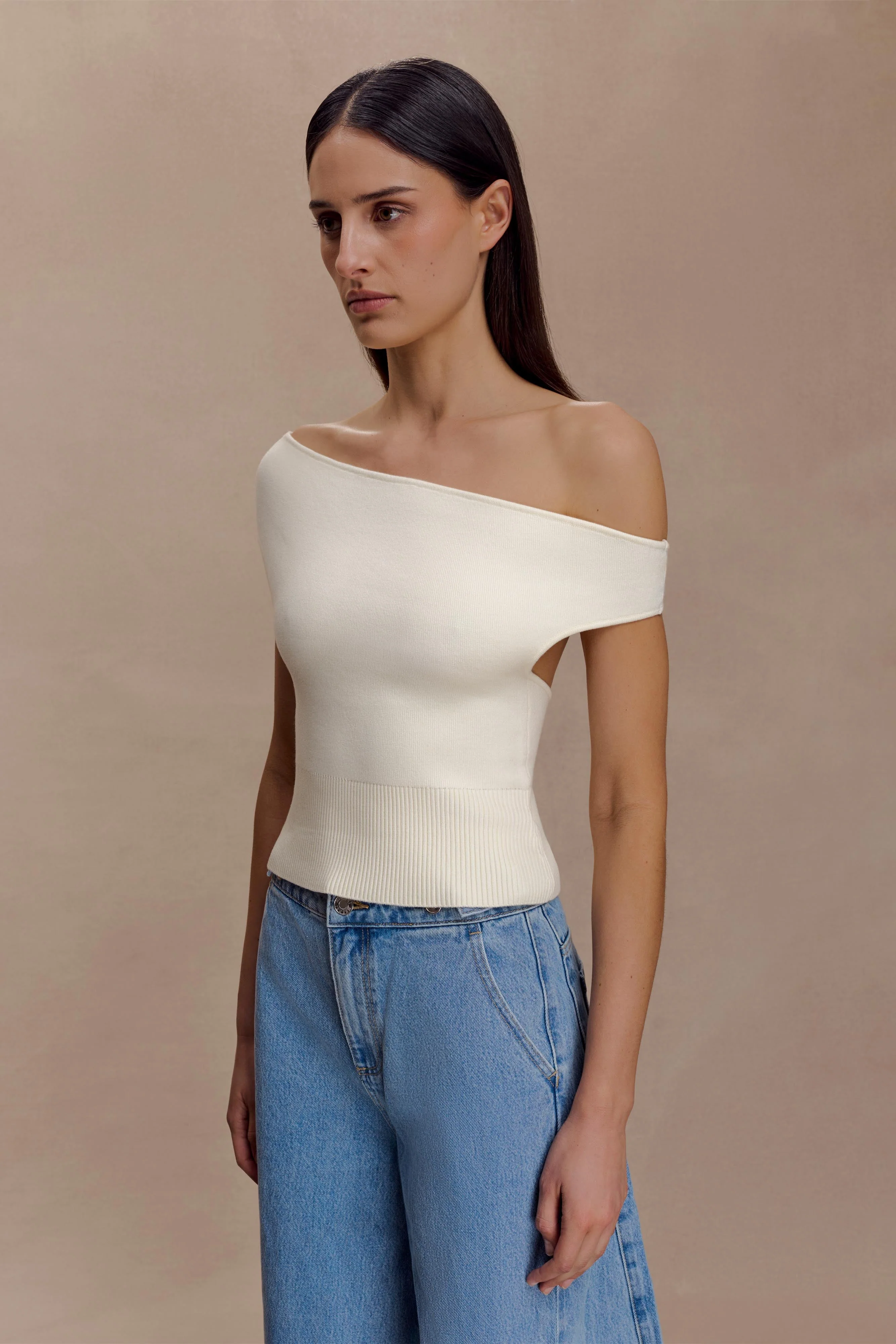 Carley Off Shoulder Knit Top - Ivory - Image 3