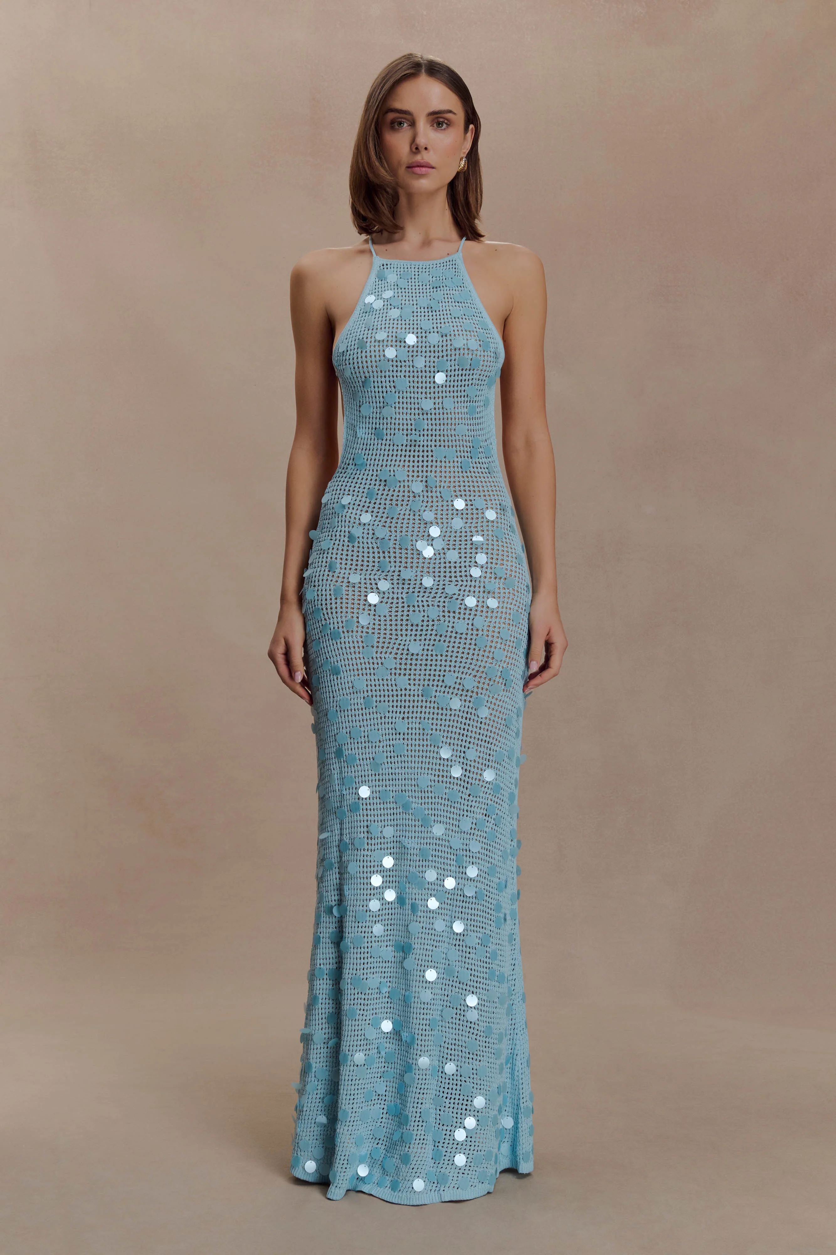 Carmen Crochet Sequin Maxi Open Back Dress - Blue - Image 6
