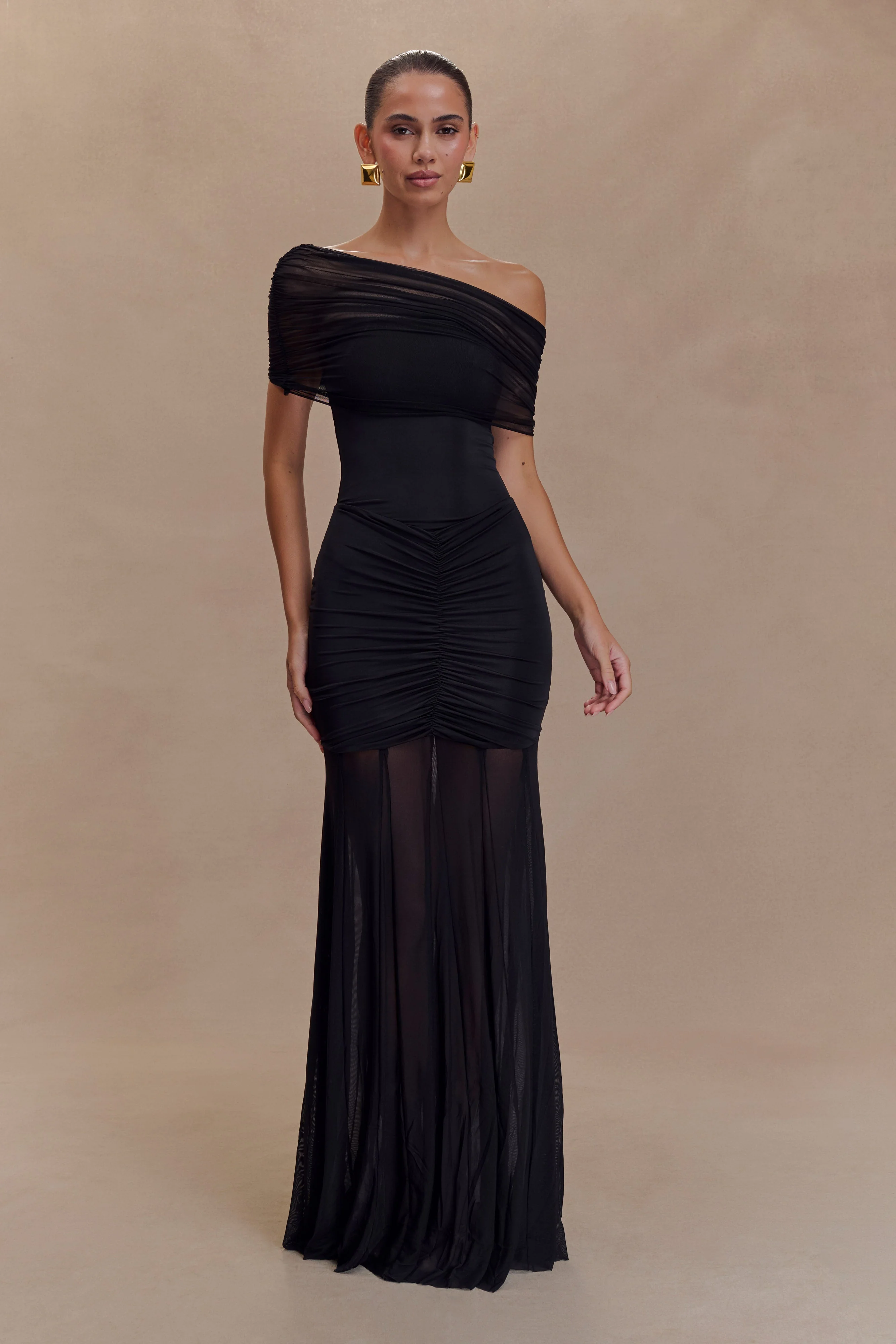 Caspian Slinky And Mesh Off Shoulder Maxi Dress - Black - Image 4