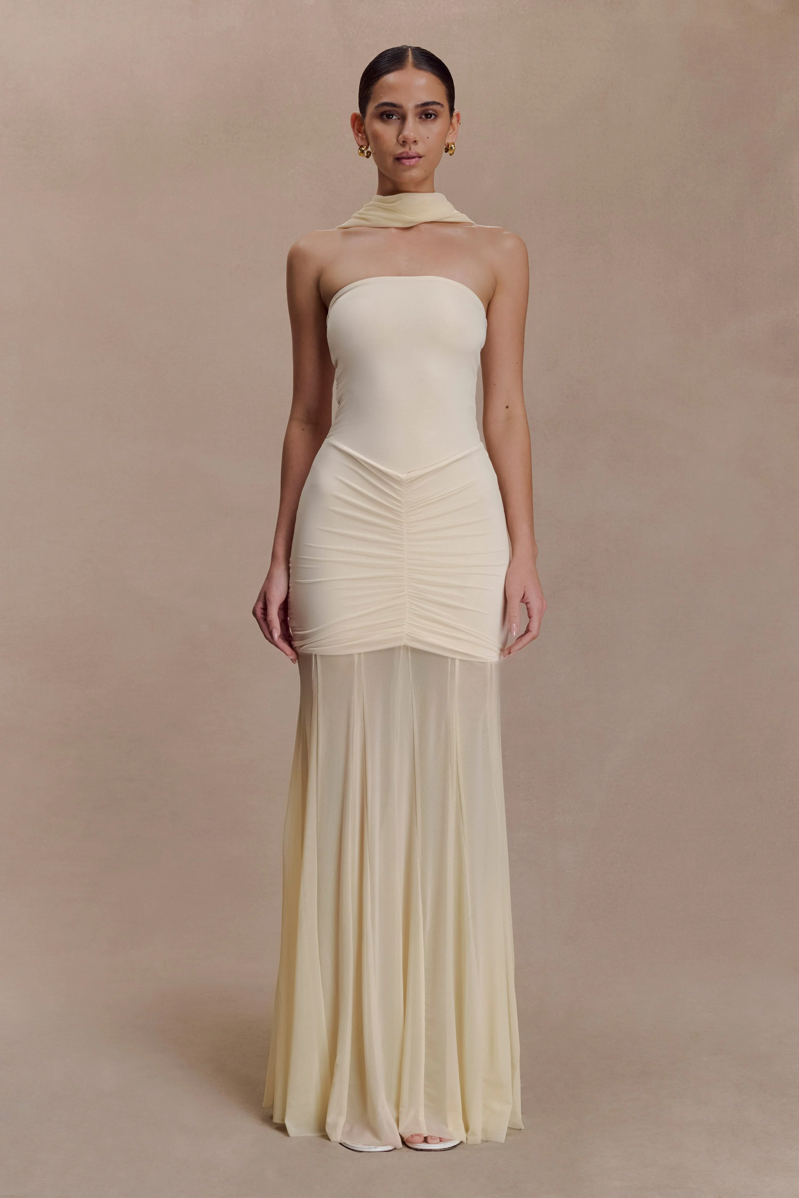 Caspian Slinky And Mesh Off Shoulder Maxi Dress - Ivory - Image 7