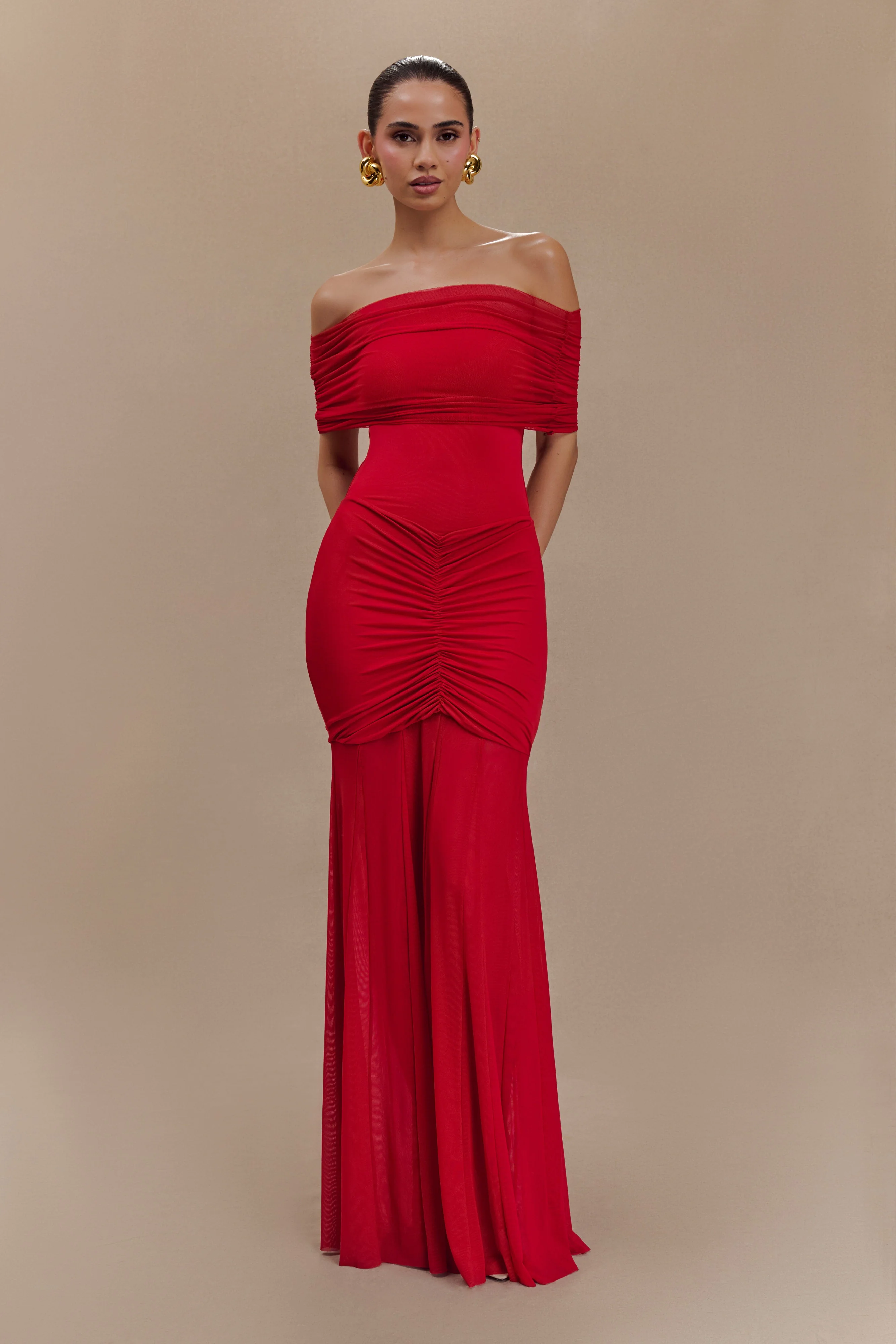 Caspian Slinky And Mesh Off Shoulder Maxi Dress - Ruby - Image 4