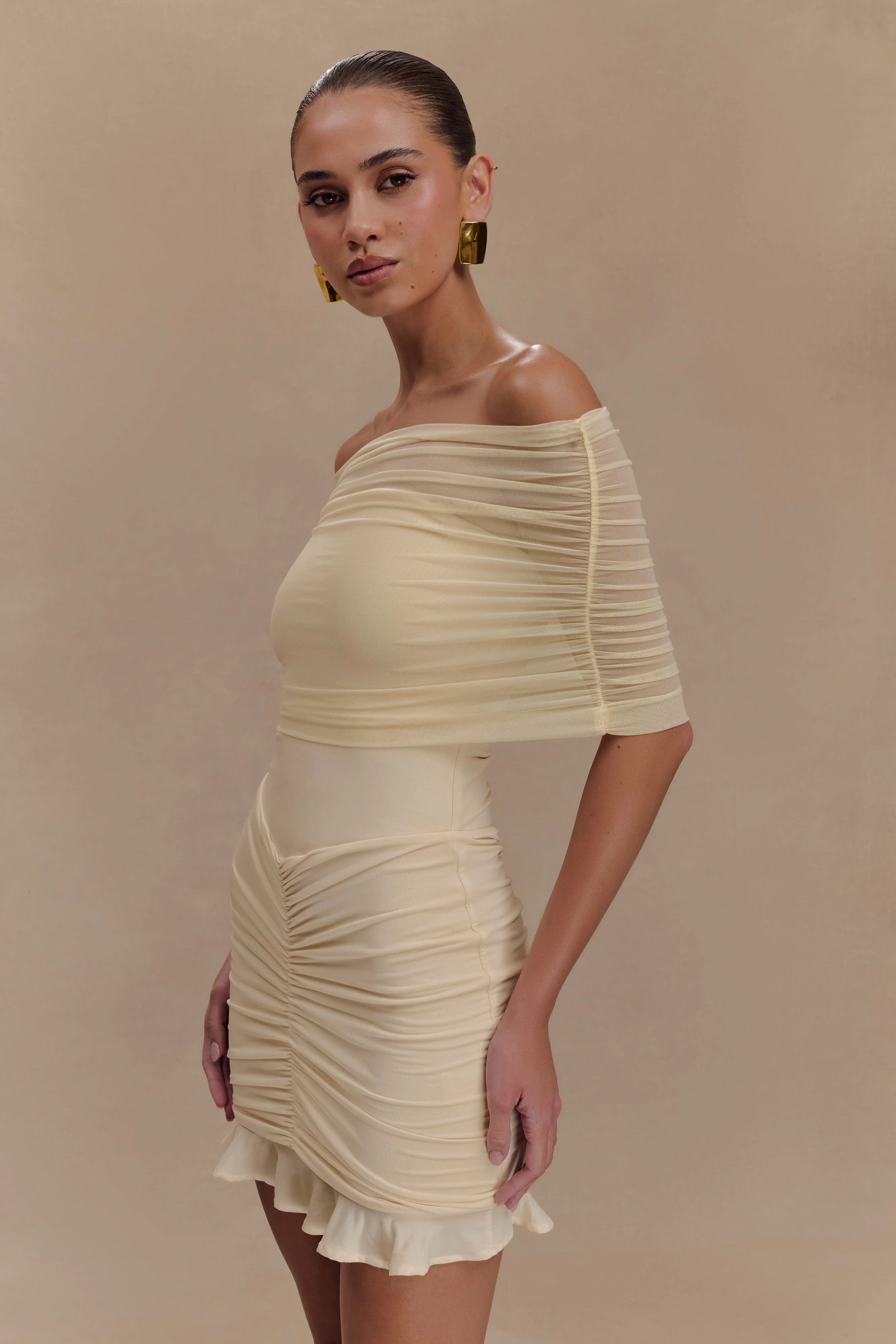 Caspian Slinky And Mesh Off Shoulder Mini Dress - Ivory - Image 4