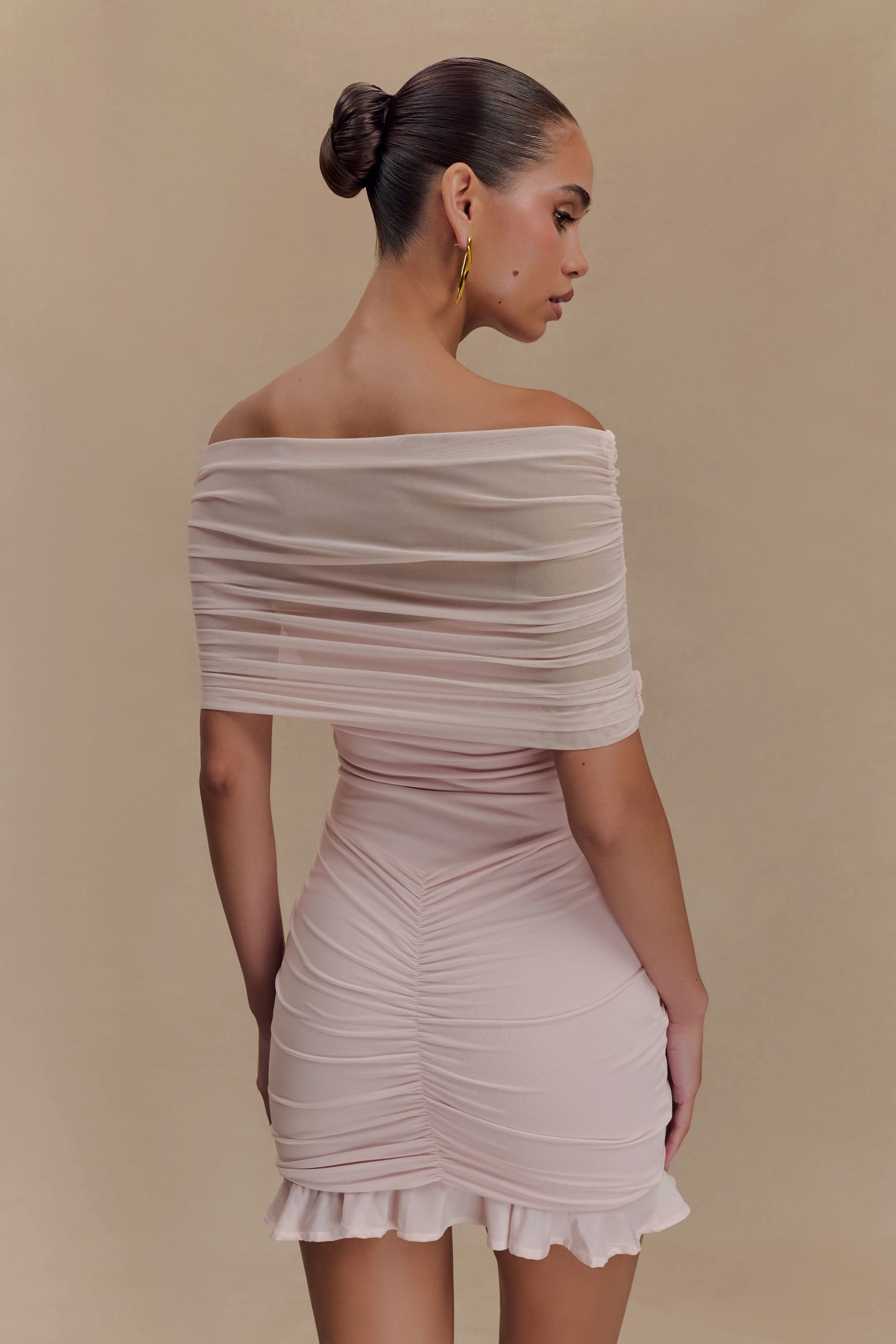 Caspian Slinky And Mesh Off Shoulder Mini Dress - Pale Pink - Image 5