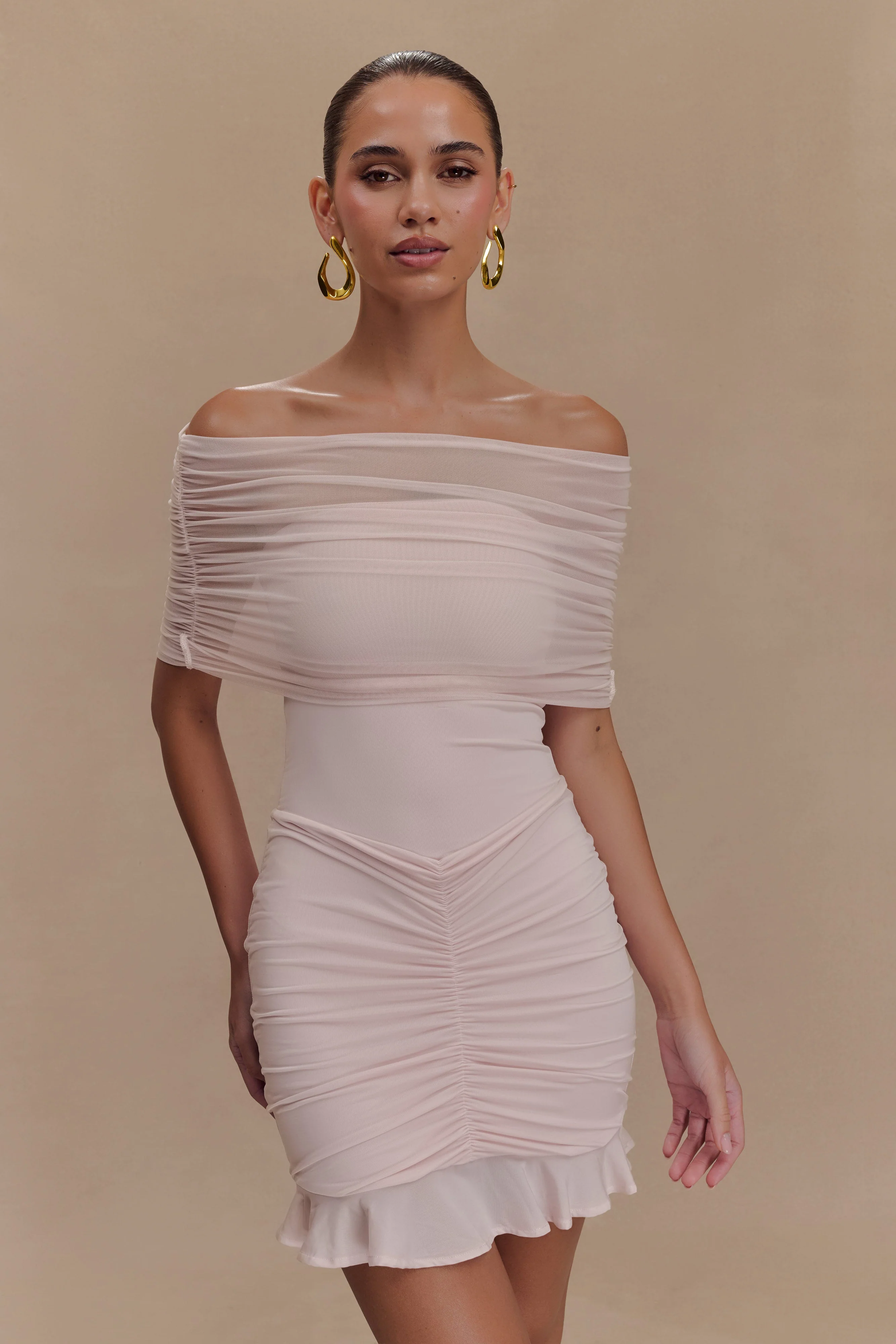 Caspian Slinky And Mesh Off Shoulder Mini Dress - Pale Pink - Image 6