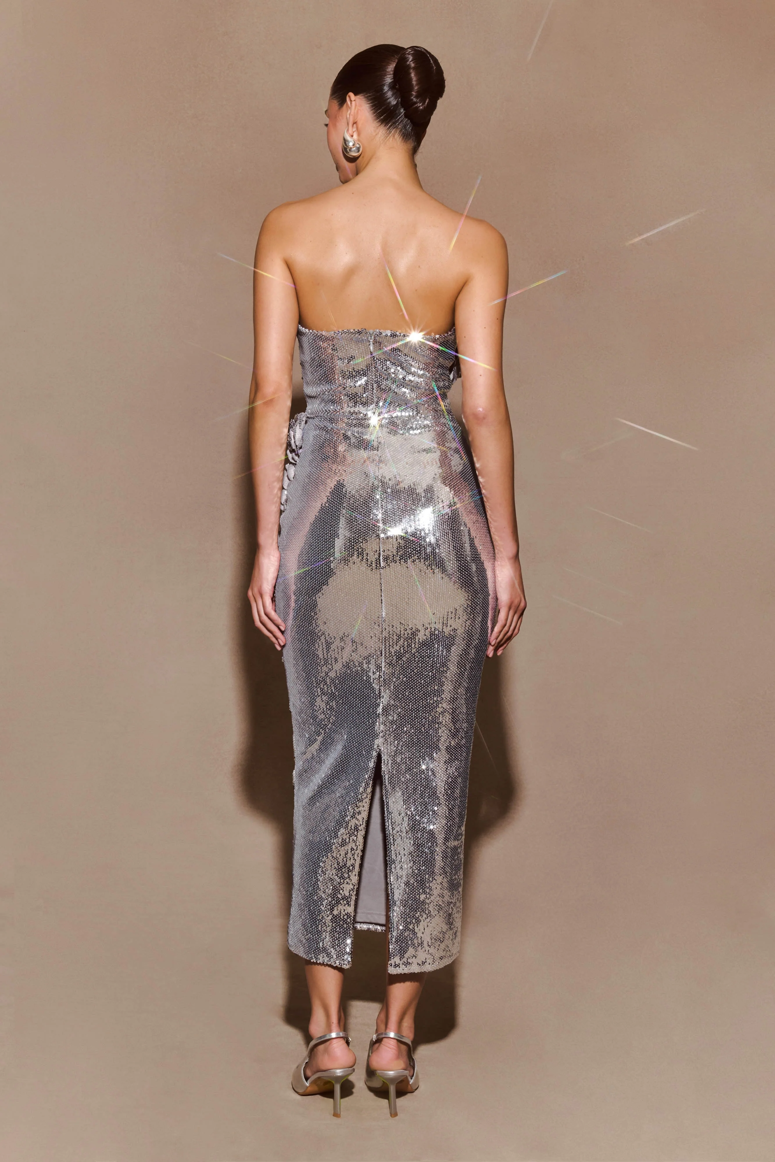 Cassia Strapless Sequin Rose Midi Dress - Silver - Image 2