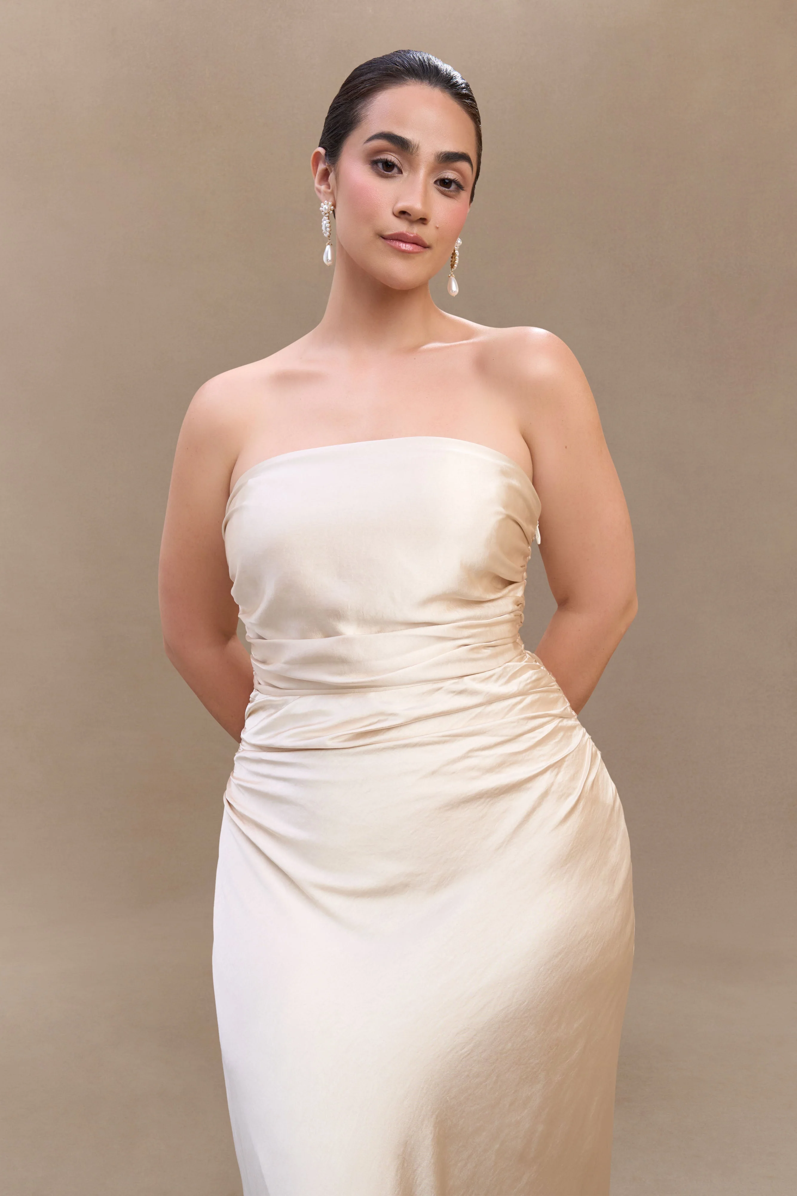 Cedar Strapless Satin Maxi Dress - Blush Gold - Image 6